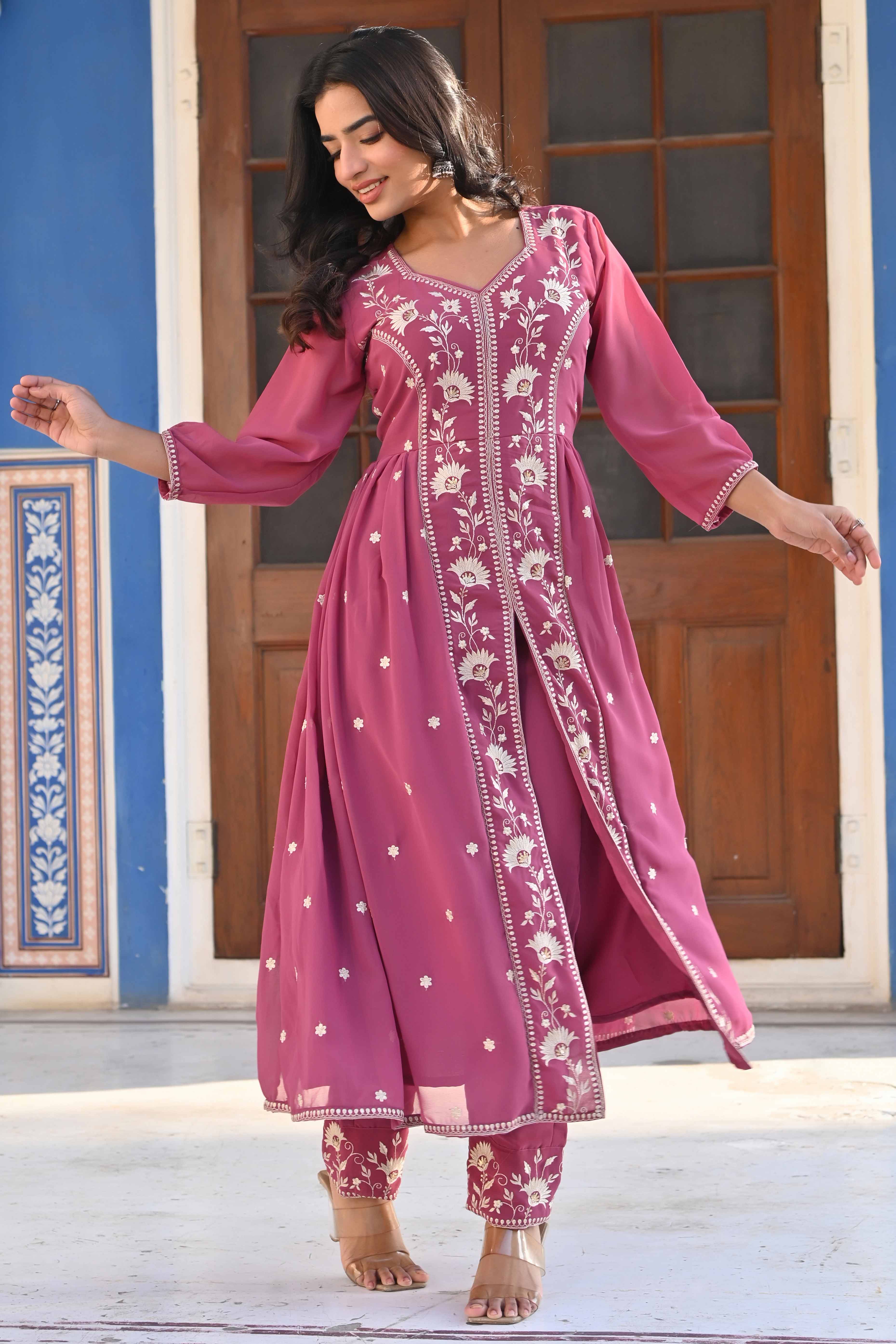 Mauve Floral Embroidered Georgette Front Slit Salwar Suit