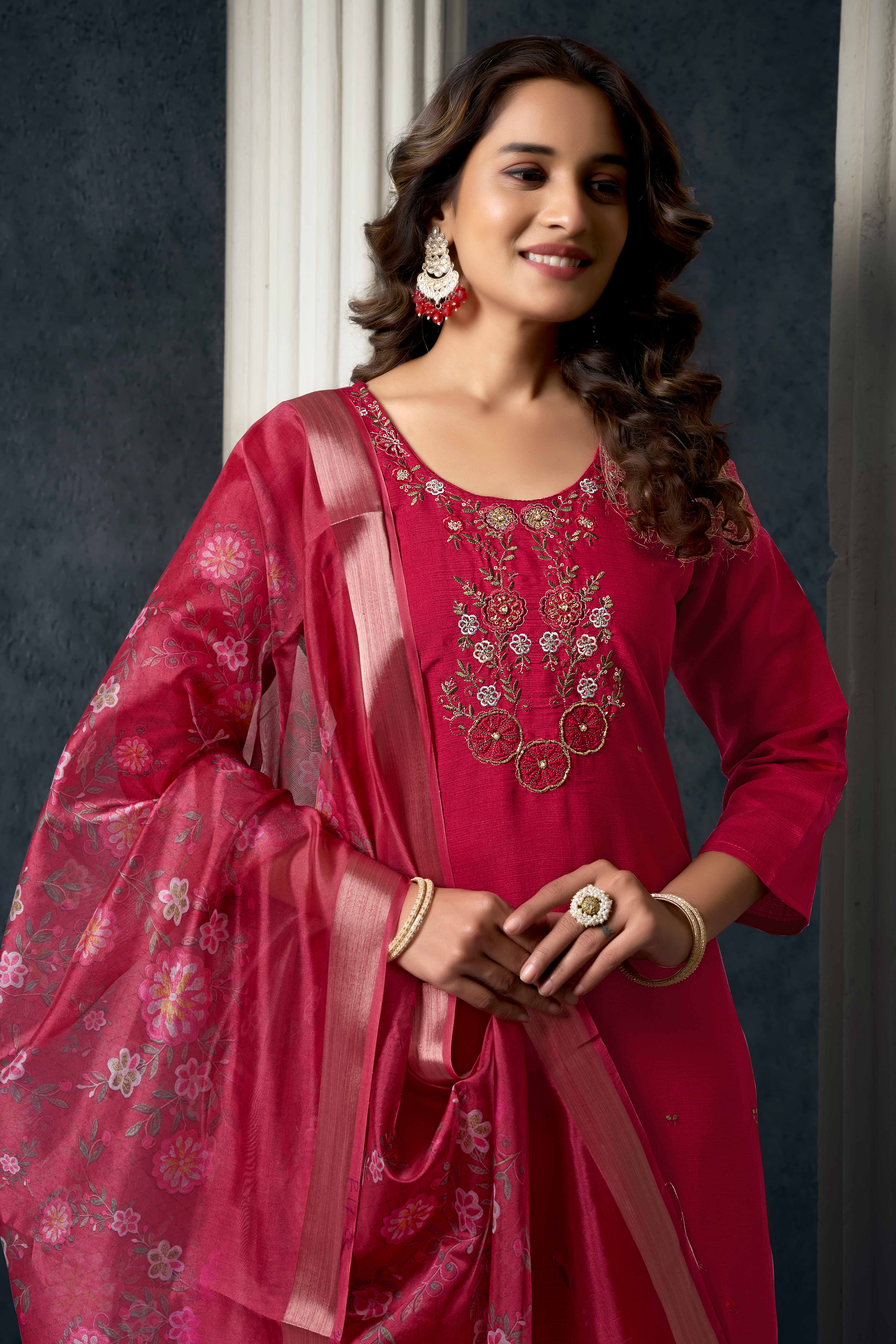 Red Hand Work Embroidered Viscose Slub Silk Straight Salwar Suit