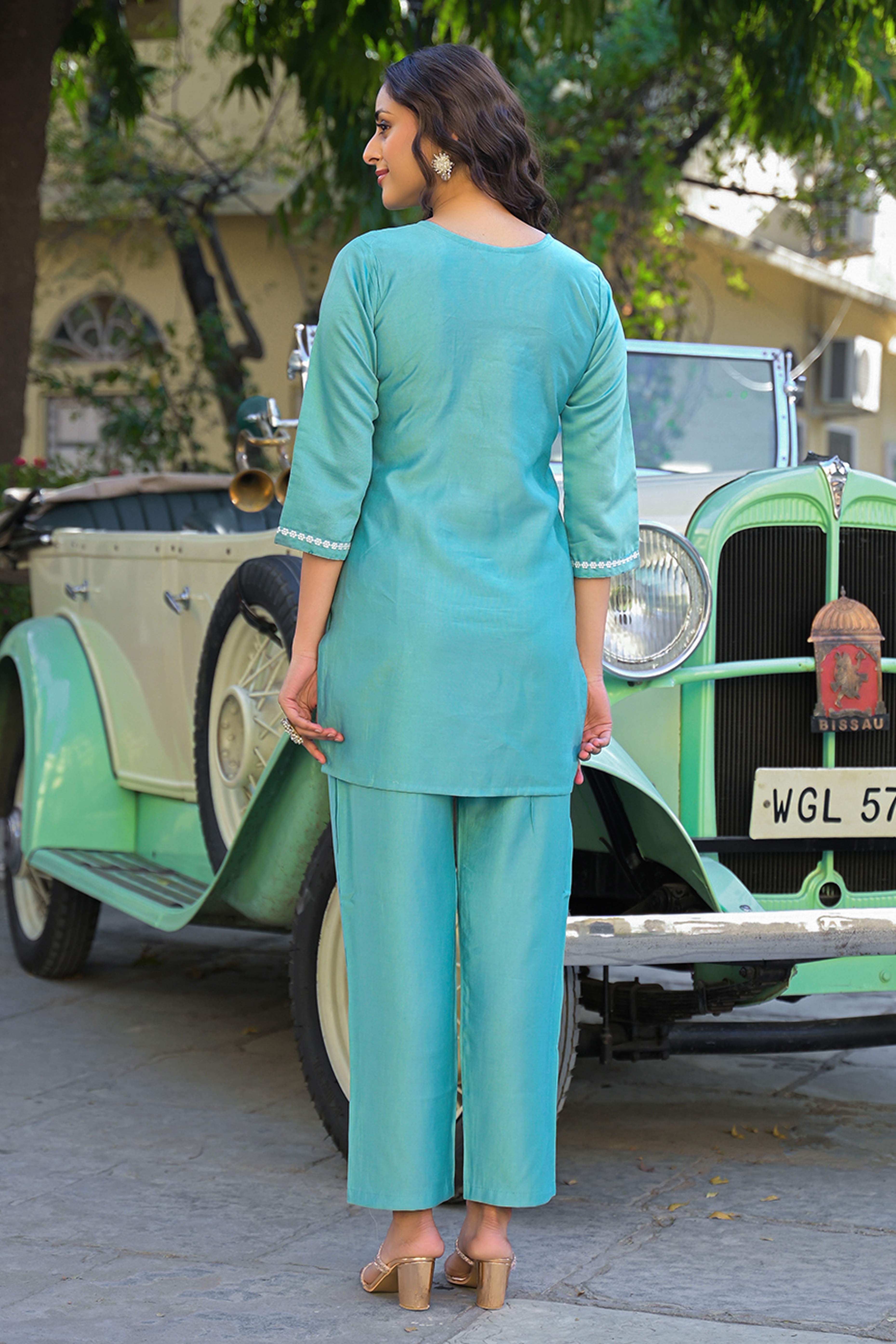 Mint Green Floral Embroidered Viscose Gadwal Silk Top Bottom Set