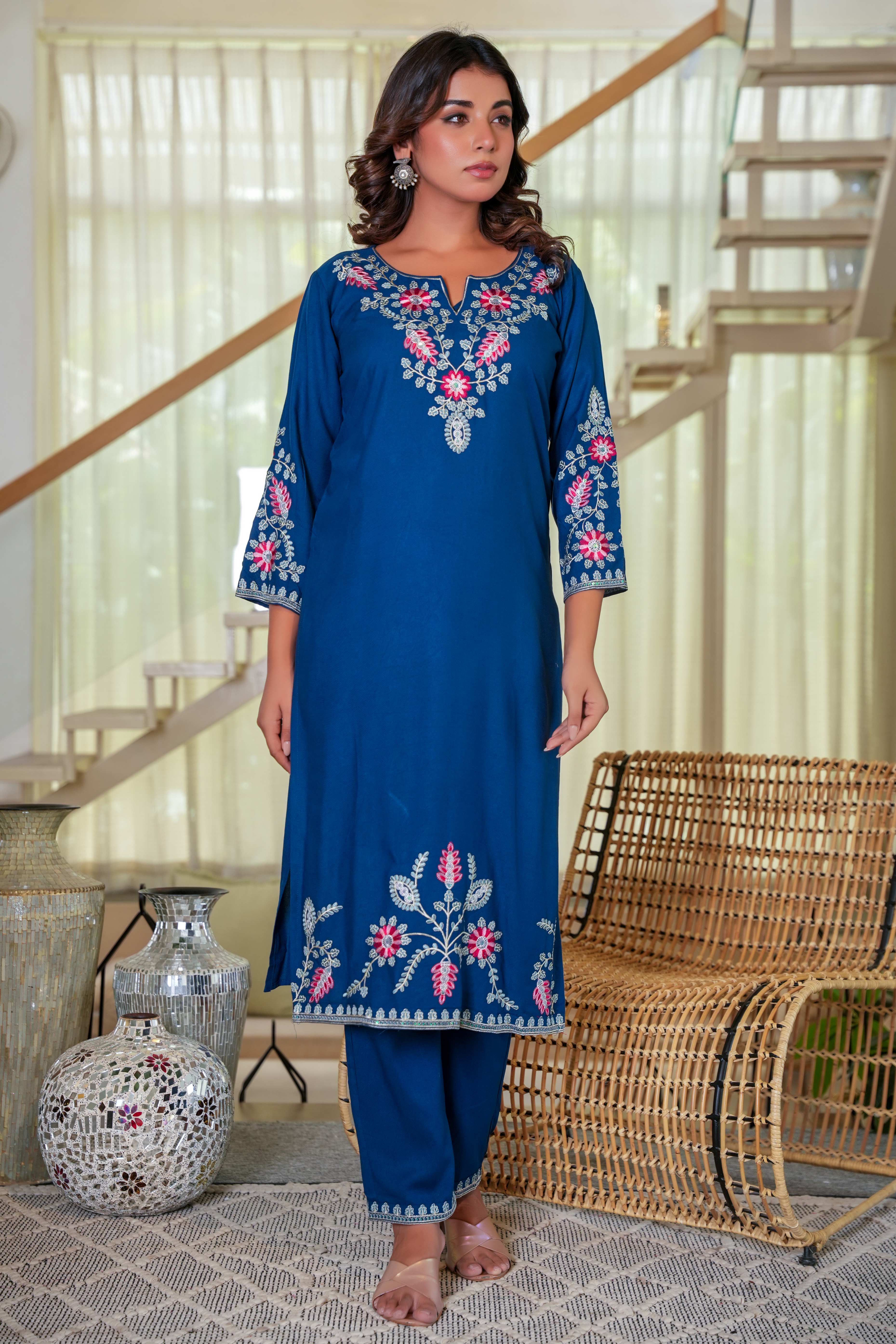 Navy Blue Heavy Viscose Rayon Straight Suit with Delicate Floral Embroidery for Graceful Style