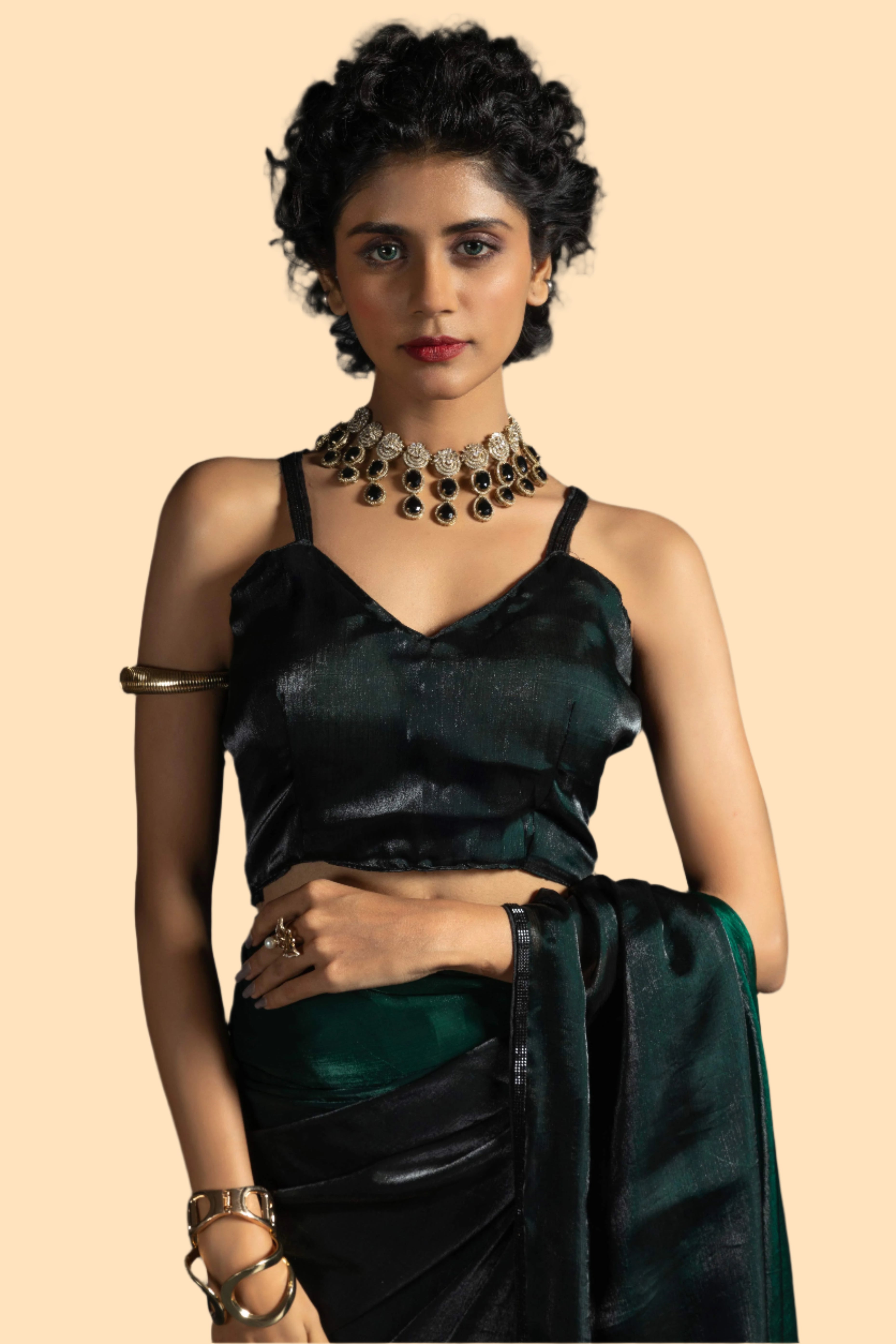 Bottle Green Satin Ready To Wear Saree with Soft Ombre Tones and Intricate Stone Border