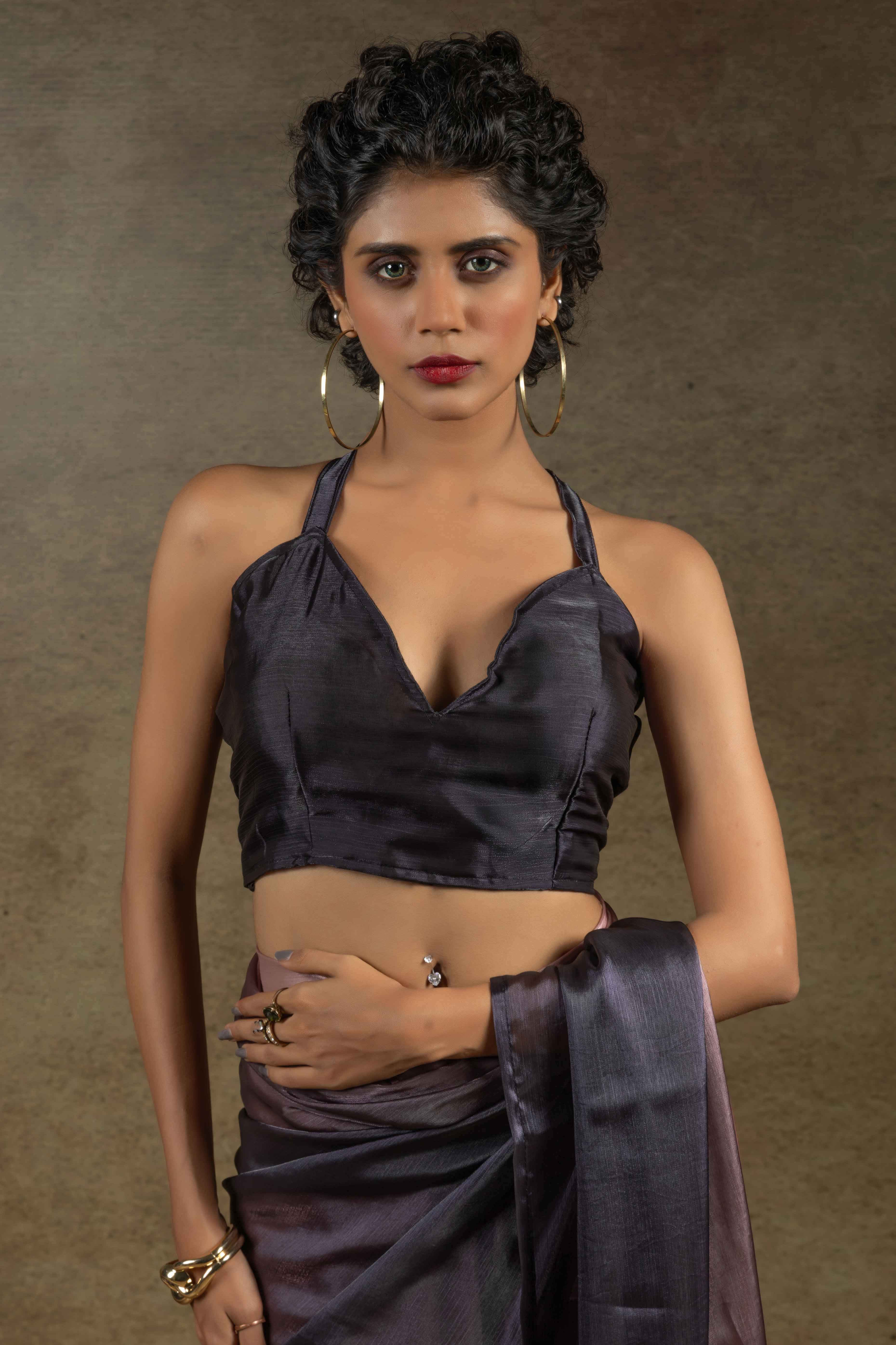 Peach & Brown Ombre Satin Saree in Solid Finish with Ready-to-Wear Silhouette