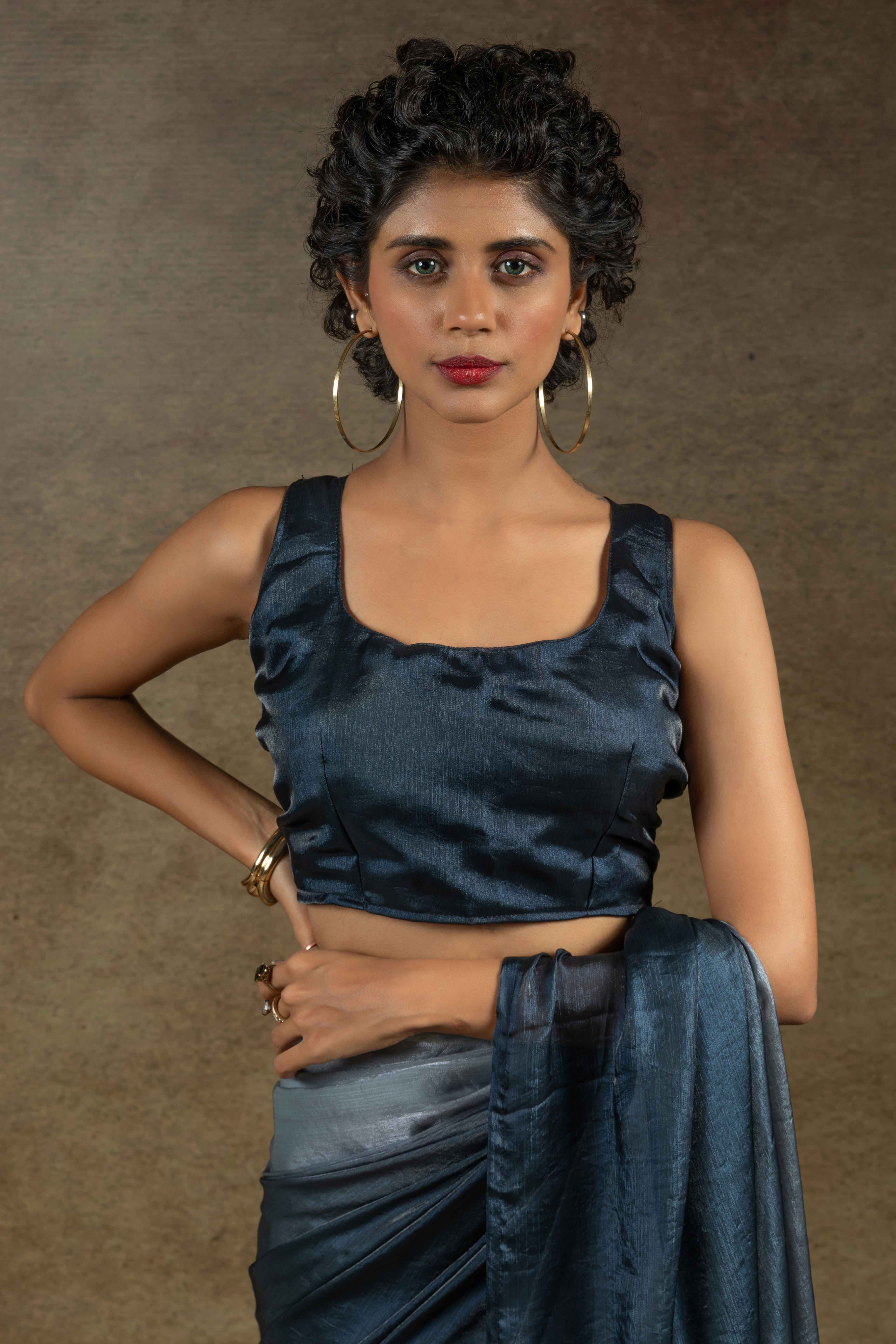 Grey & Navy Blue Ombre Satin Saree in Solid Finish with Ready-to-Wear Silhouette