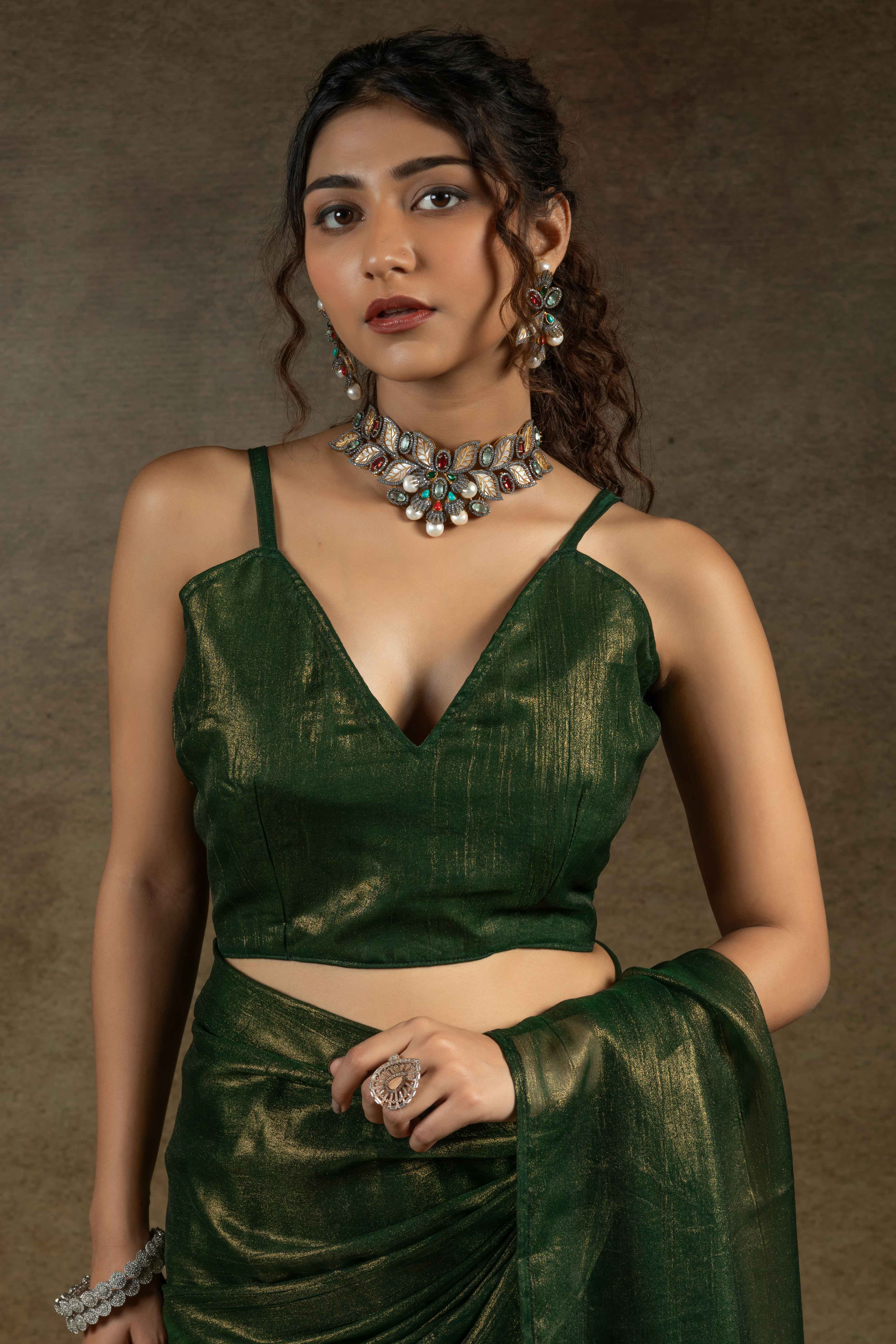 Forest Green Ready-to-Wear Chiffon Saree in Minimal Solid Pattern for a Classy Vibe