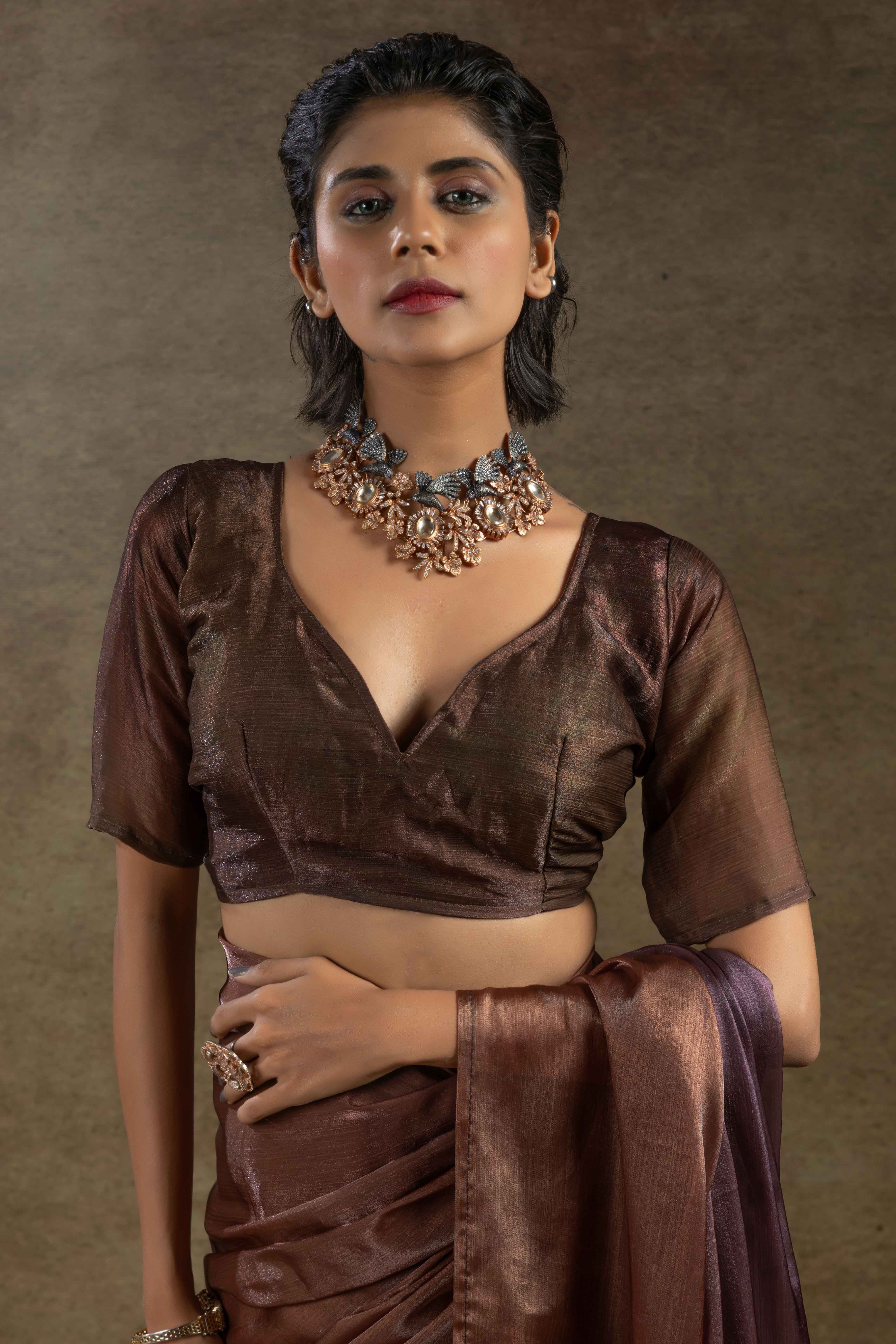 Brown Ready-to-Wear Chiffon Saree in Minimal Solid Pattern for a Classy Vibe