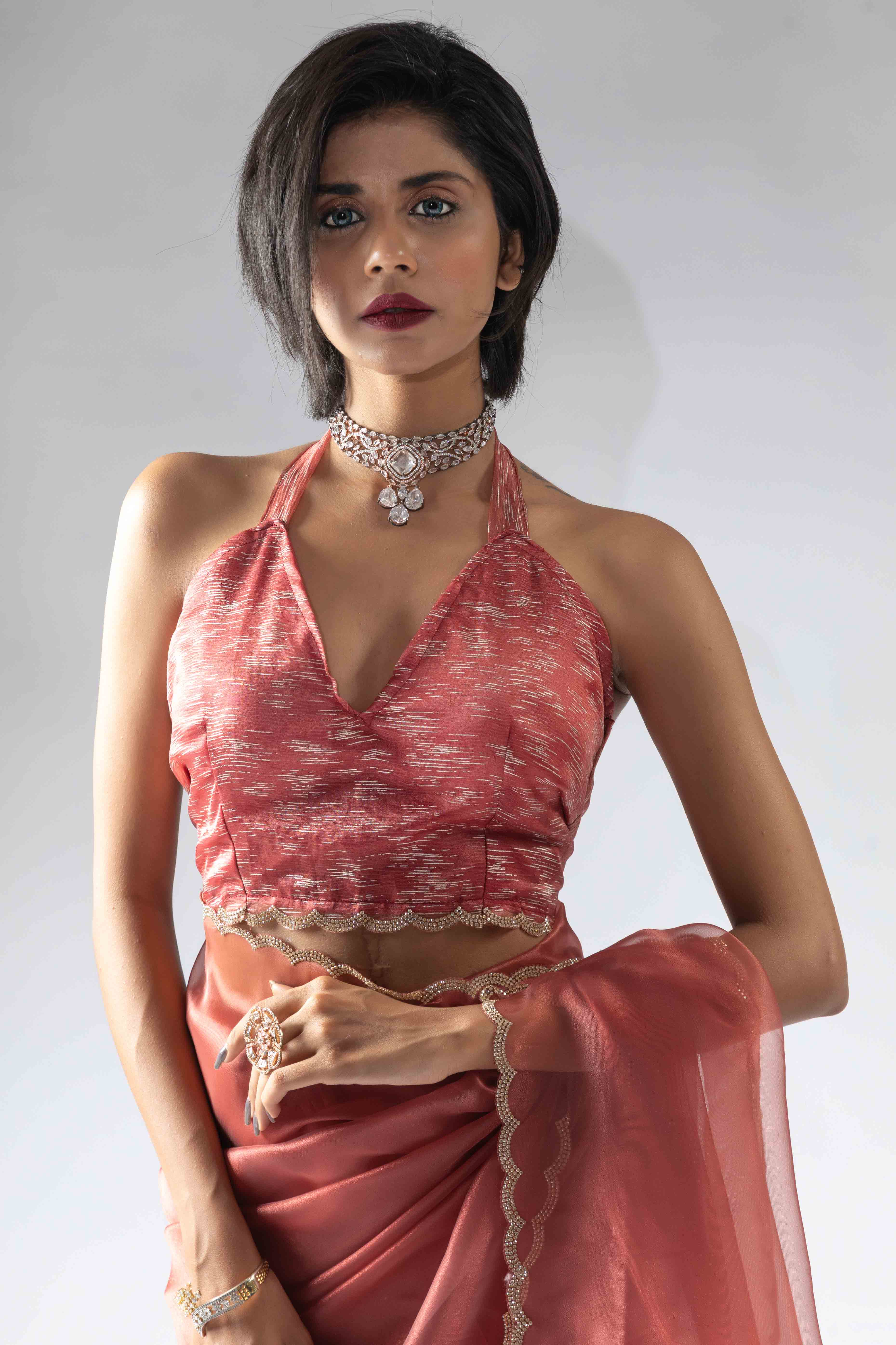 Peach Solid With Intricate Zarkan Border Organza Ready To Wear Saree