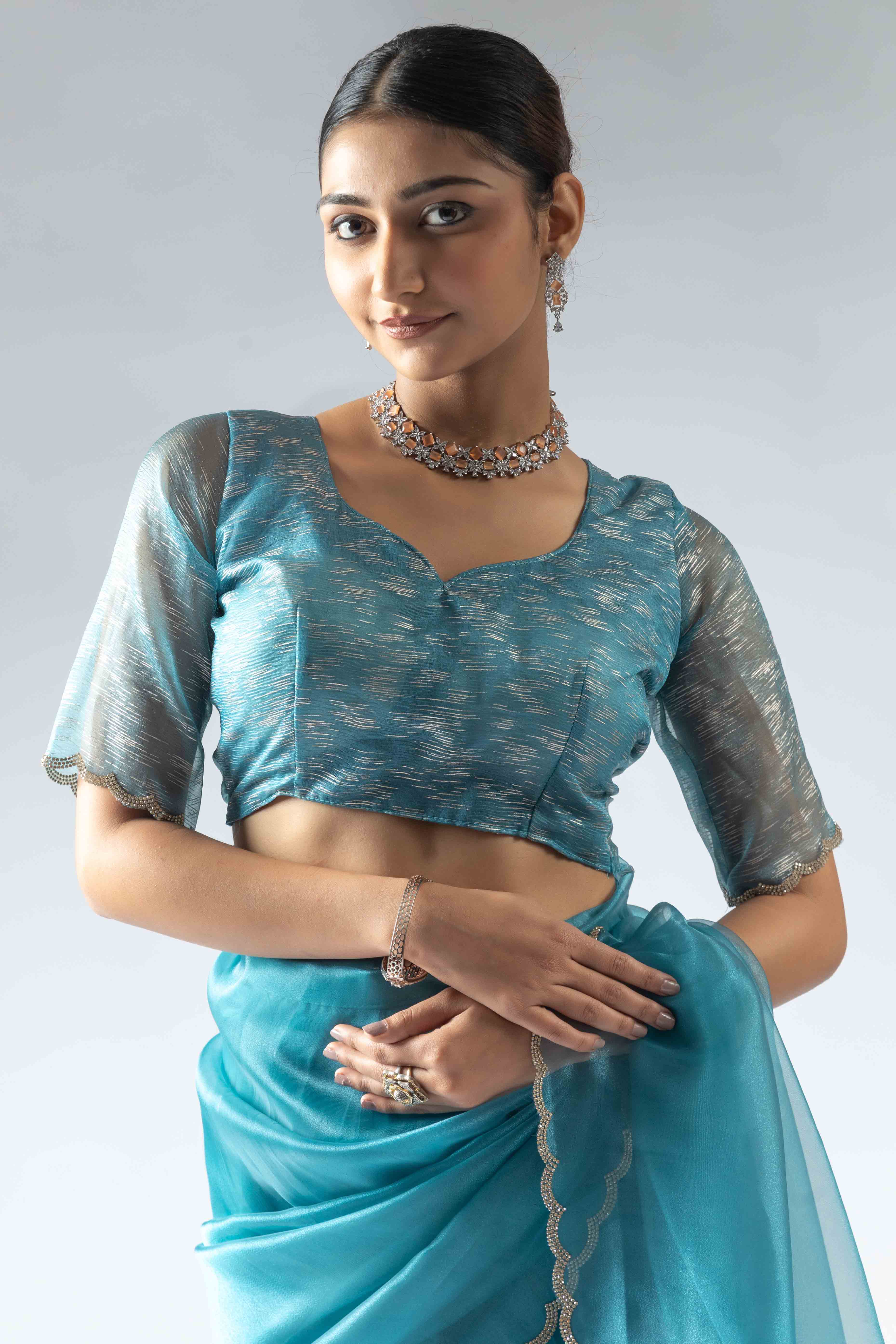 Blue Solid With Intricate Zarkan Border Organza Ready To Wear Saree