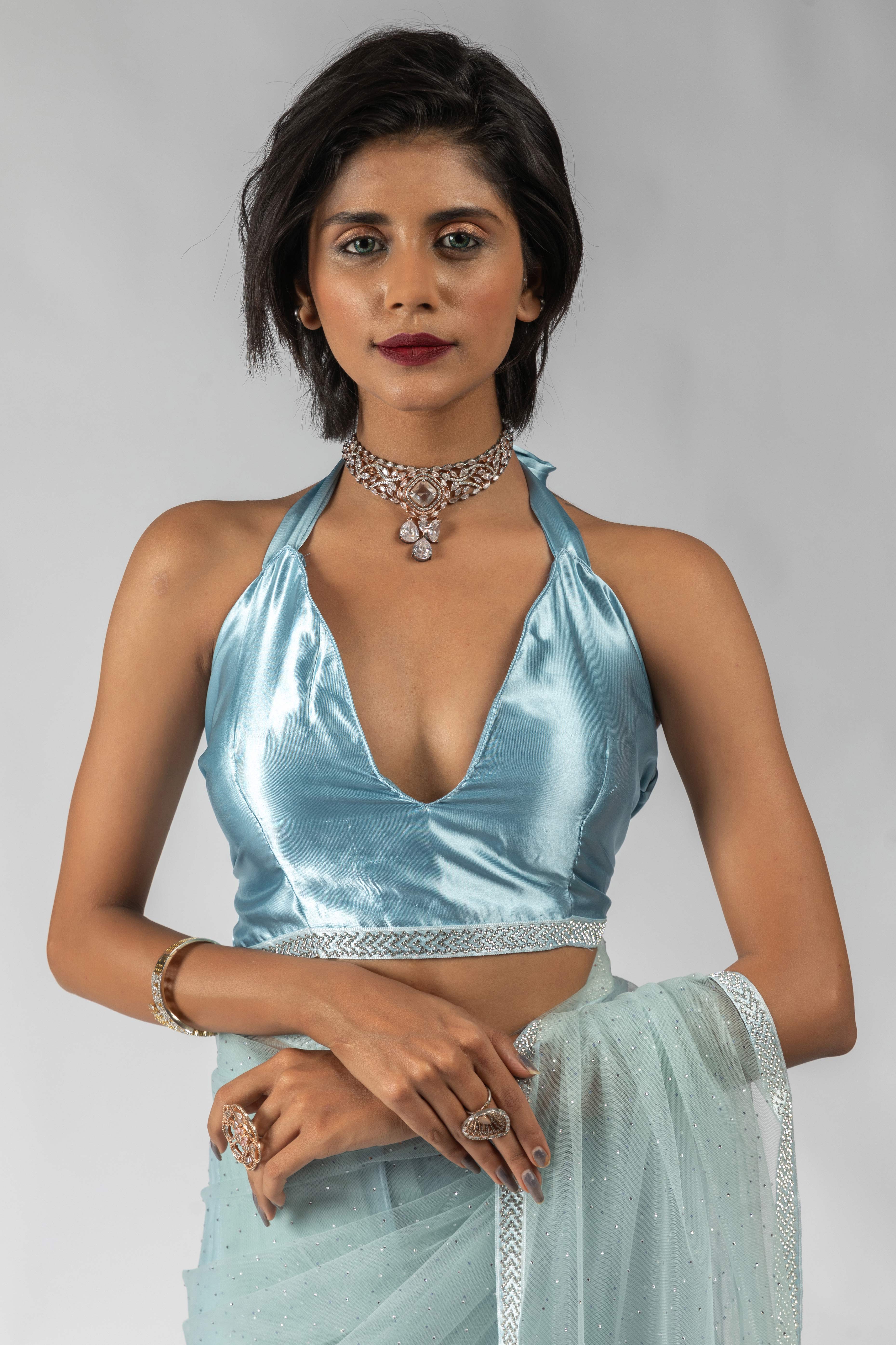 Blue Intricate Zarkan Detailing Soft Net Ready To Wear Saree