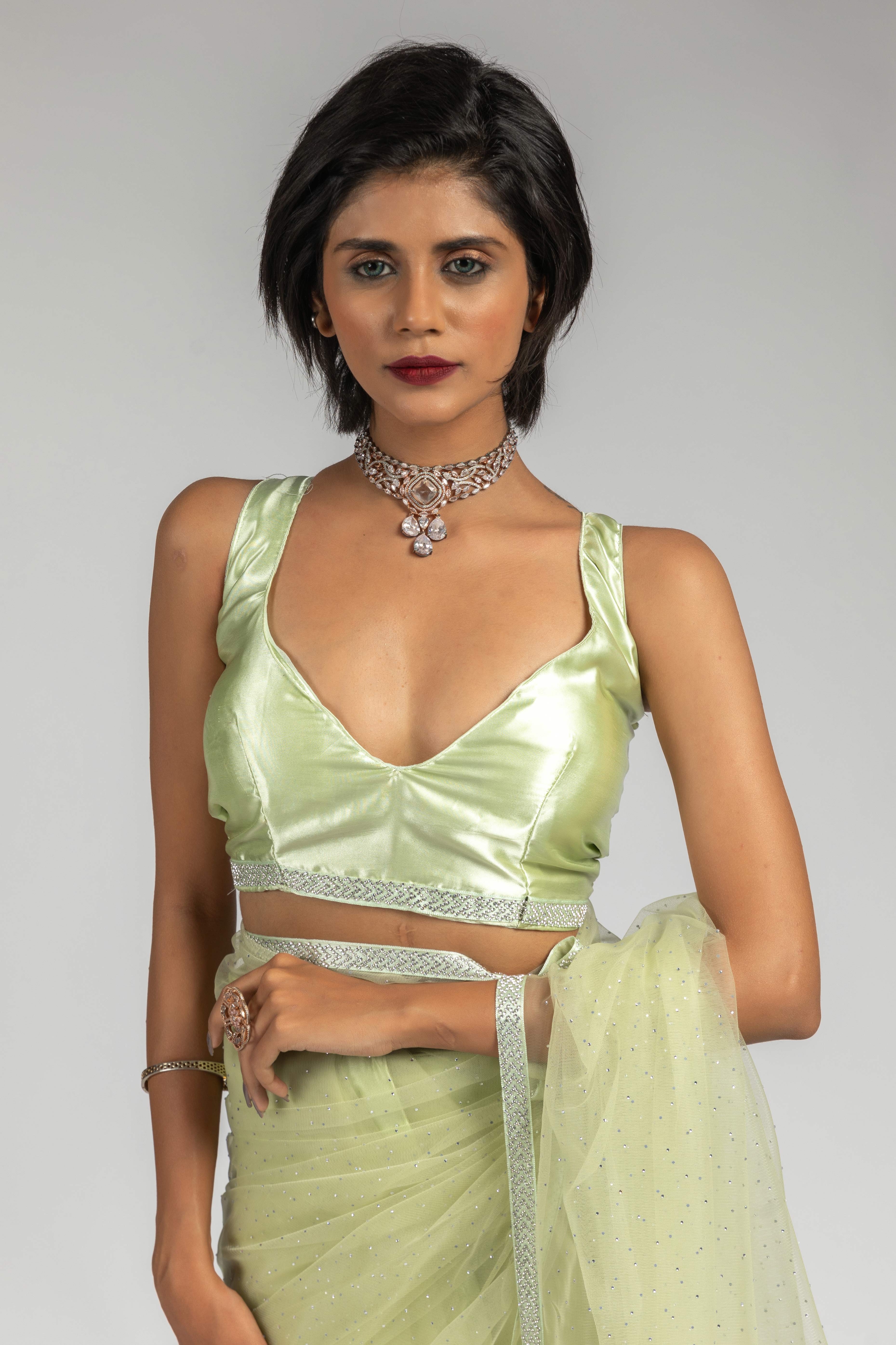 Tea Green Intricate Zarkan Detailing Soft Net Ready To Wear Saree