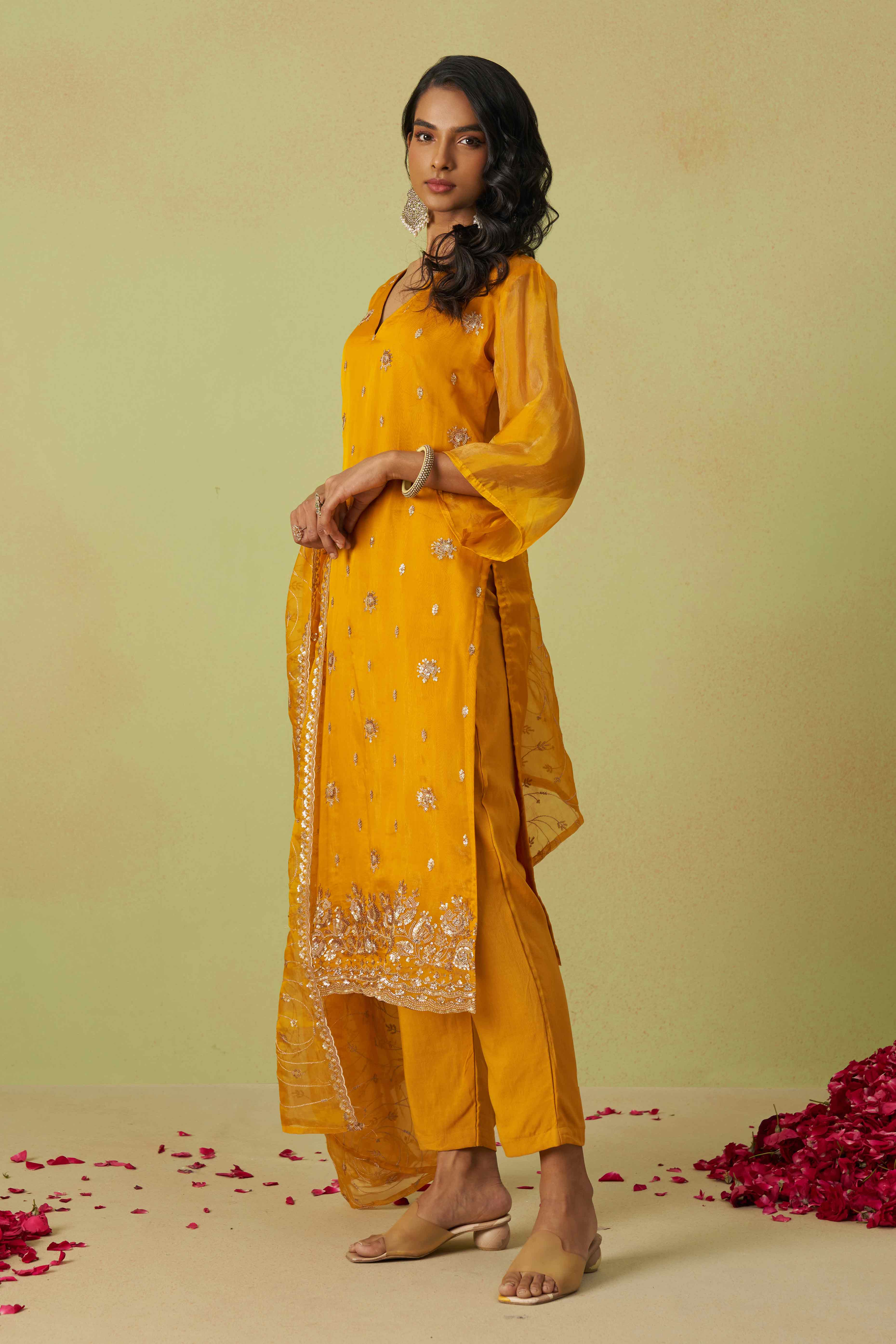 Mustard Sequins Embroidery With Stonework Organza Shimmer Semi Stitched Suit