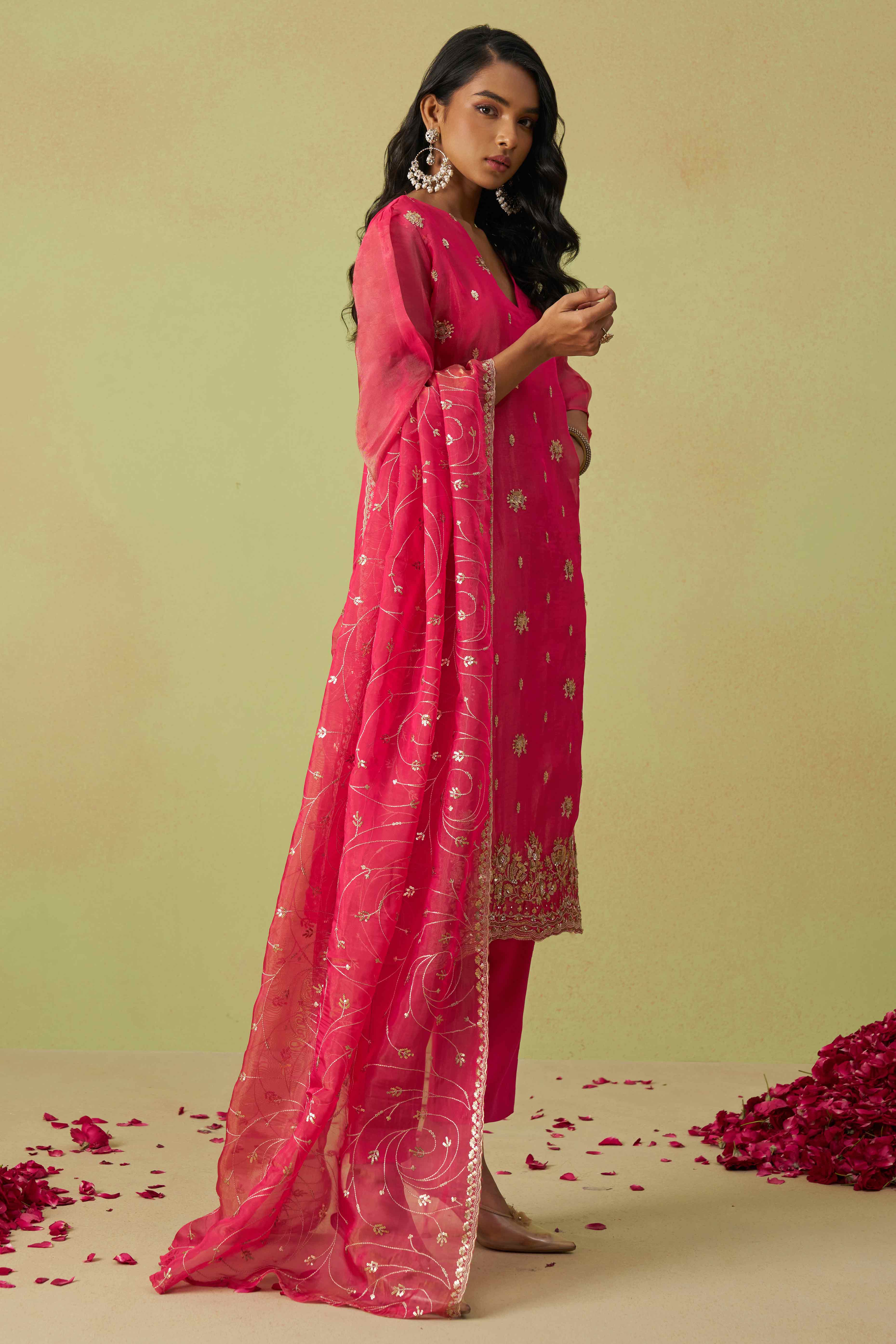Pink Sequins Embroidery With Stonework Organza Shimmer Semi Stitched Suit