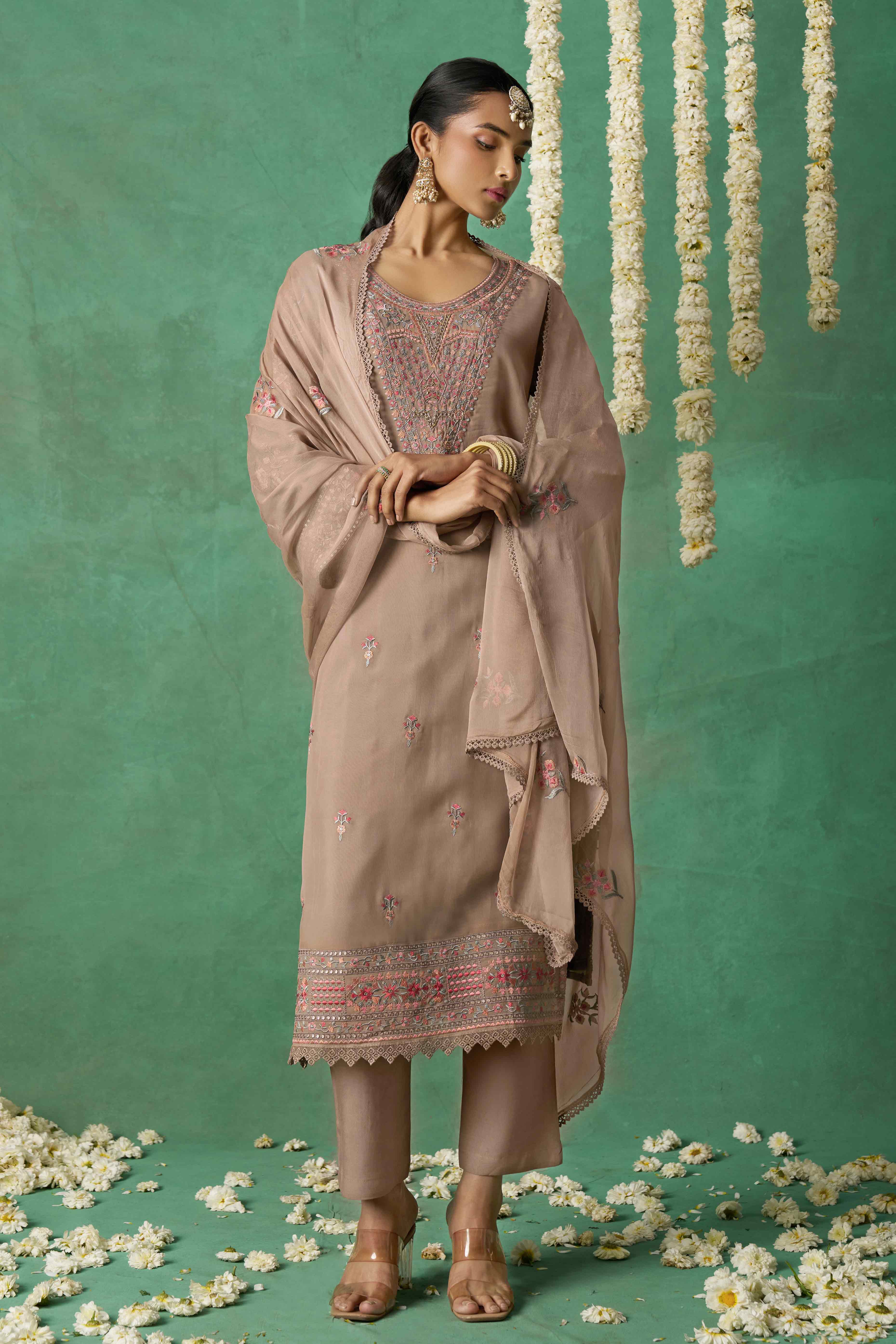 Chikoo Floral Sequins Embroidered Organza Semi Stitched Suit