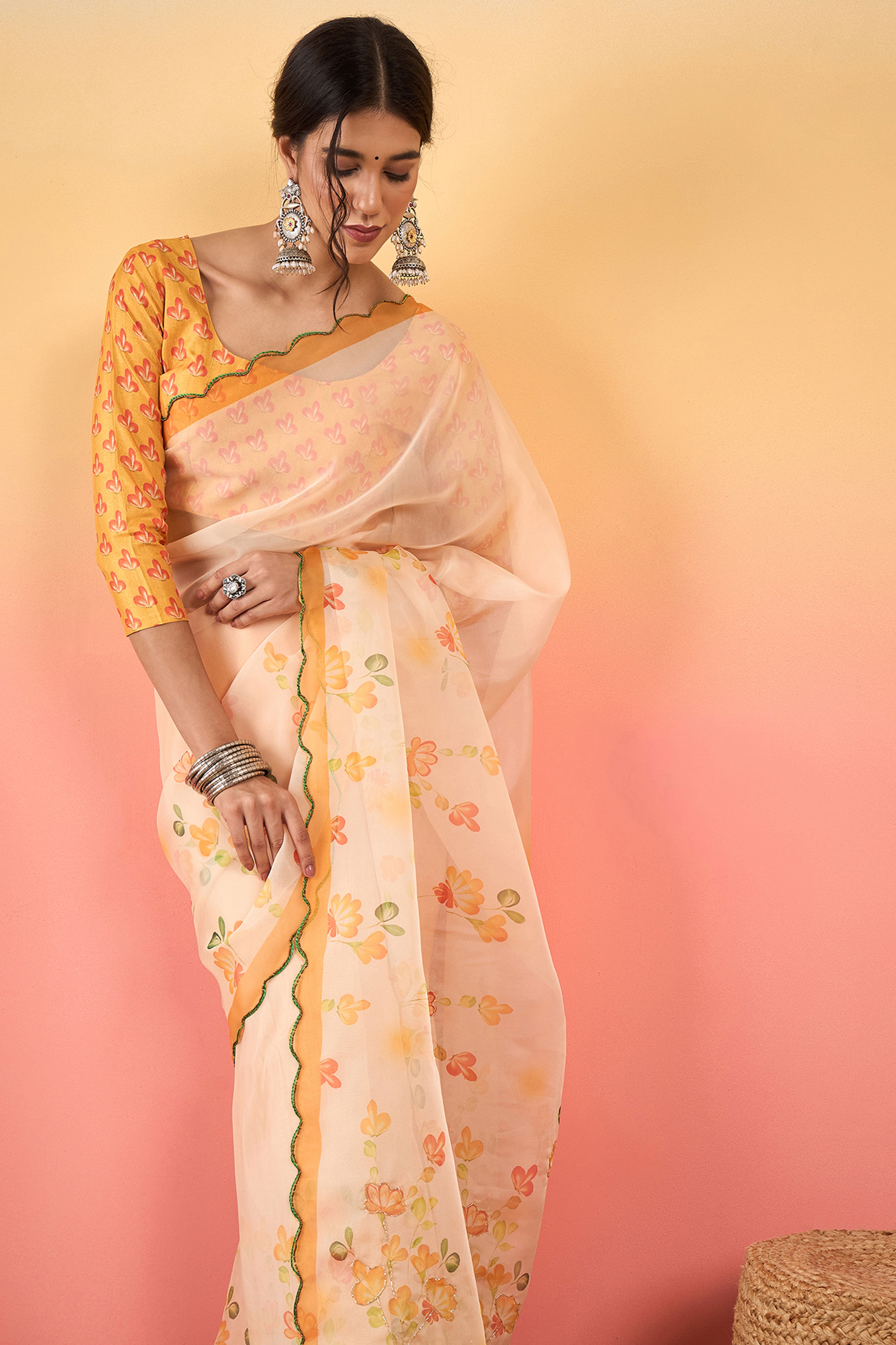 Gorgeous Cream Floral Printed Saree in Sheer Organza Blend Fabric with Handcrafted Beads Work