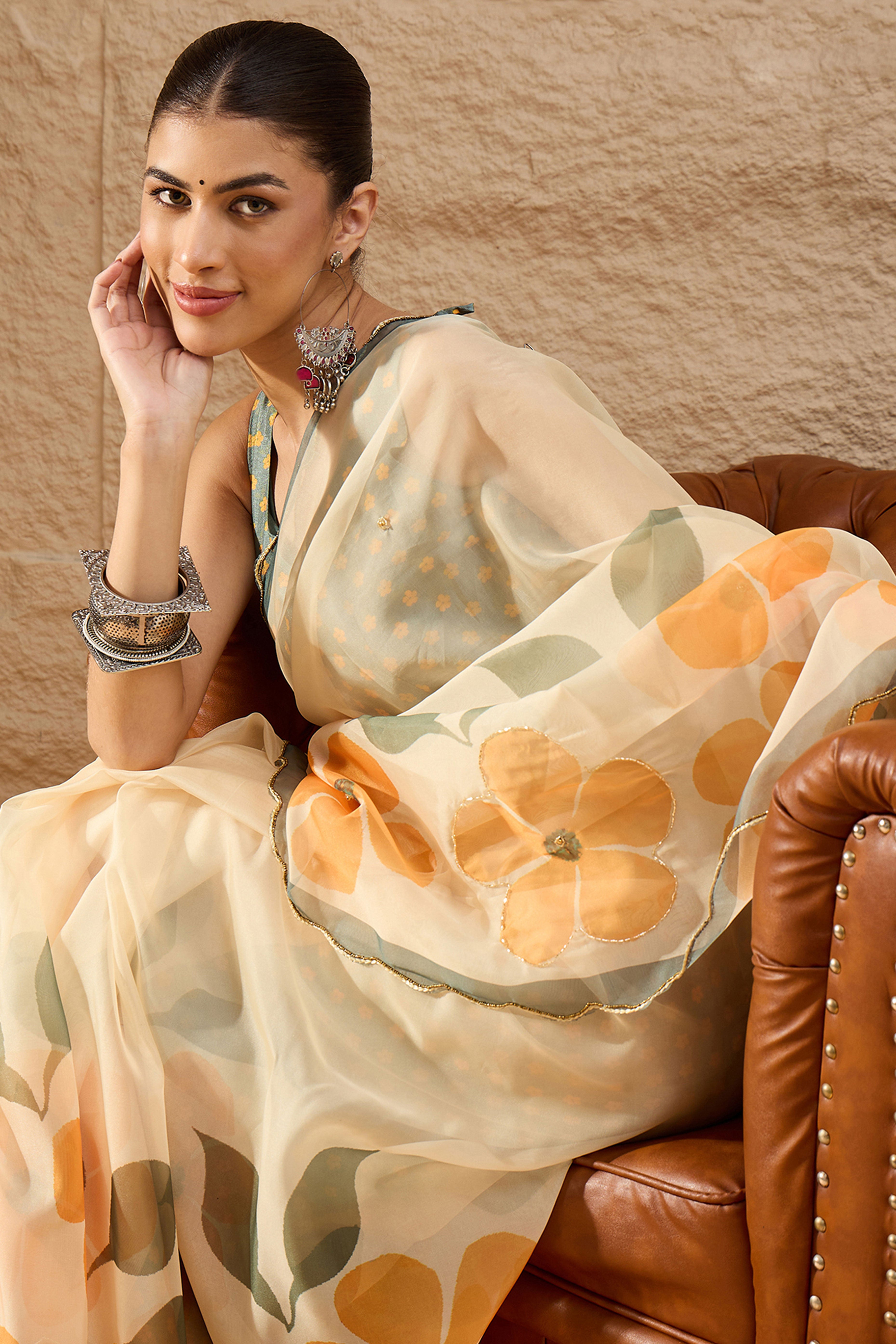 Cream Floral Printed Saree in Sheer Organza Blend Fabric with Handcrafted Beads Work