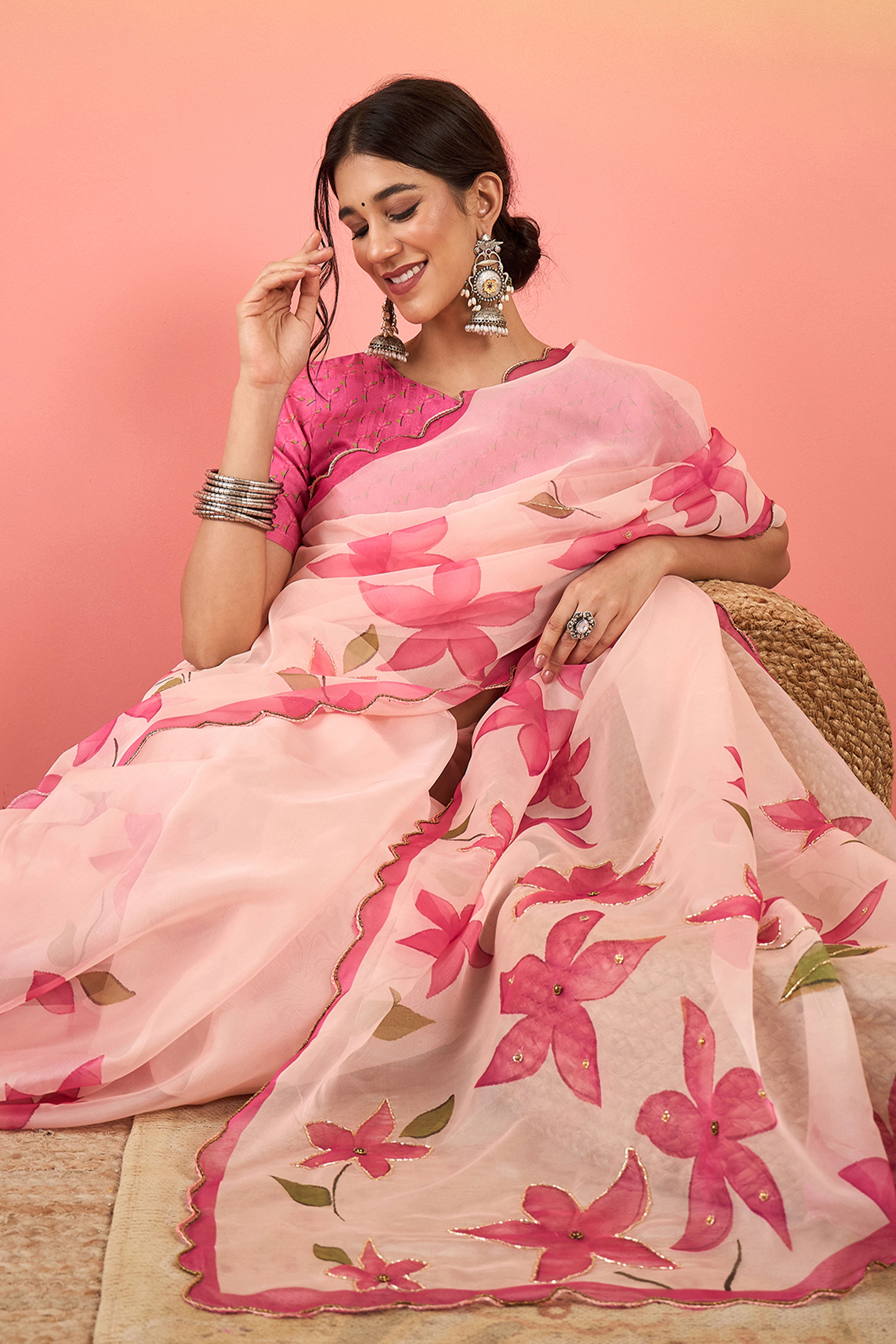 Gorgeous Pink Floral Printed Saree in Sheer Organza Blend Fabric with Handcrafted Beads Work