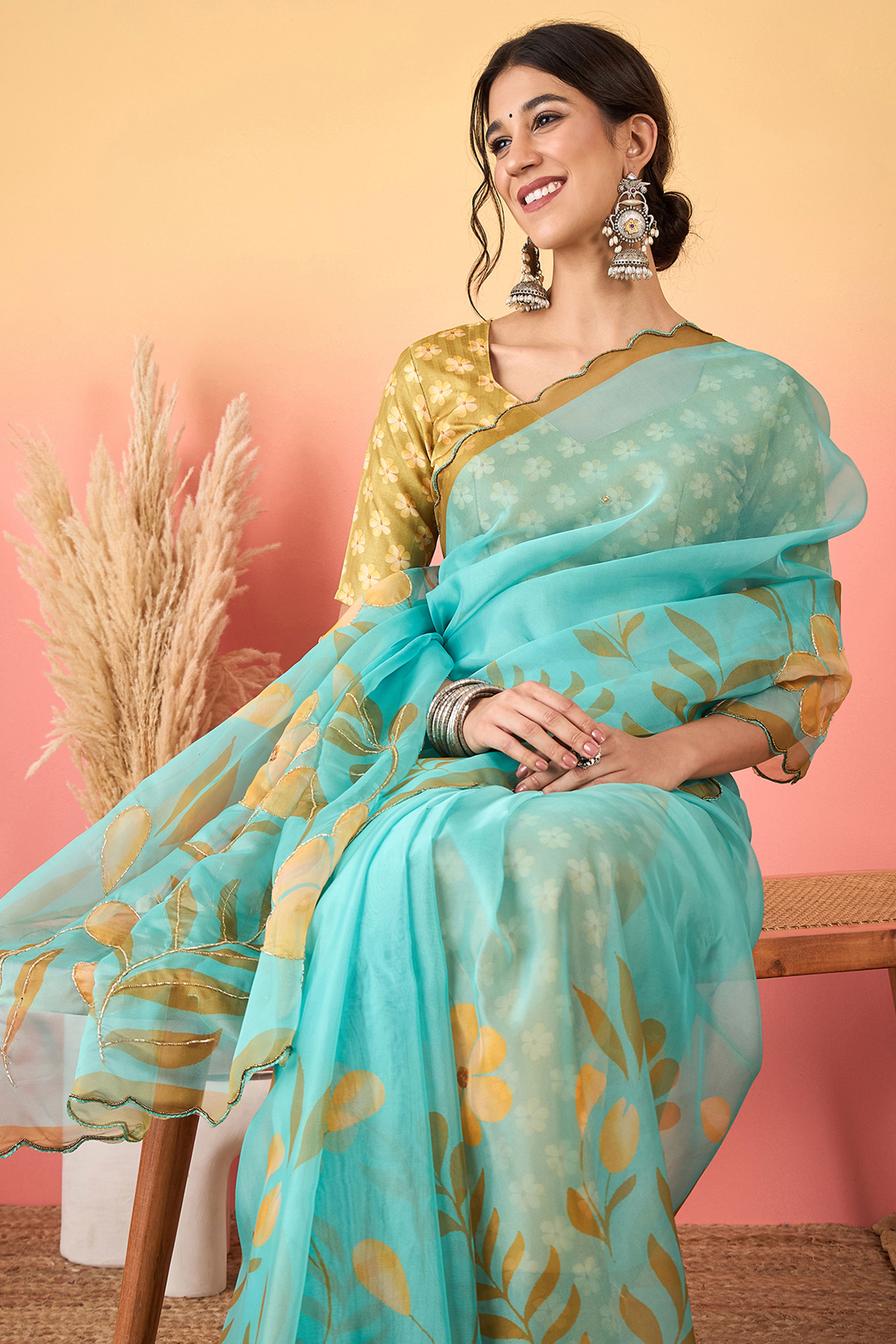 Gorgeous Turquoise Floral Printed Saree in Sheer Organza Blend Fabric with Handcrafted Beads Work