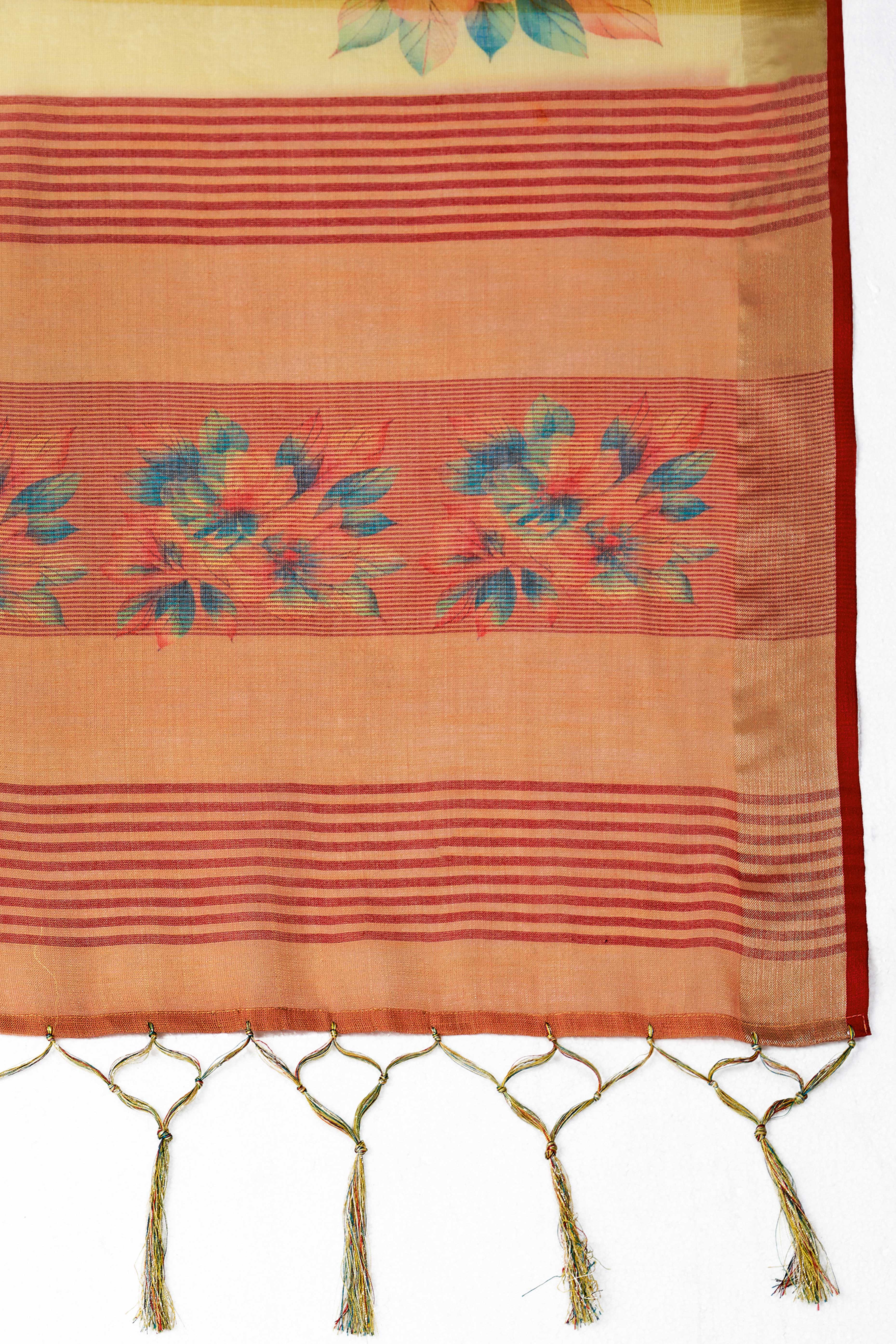 Yellow Woven Floral Printed Linen Blend Saree with Soft Elegant Texture