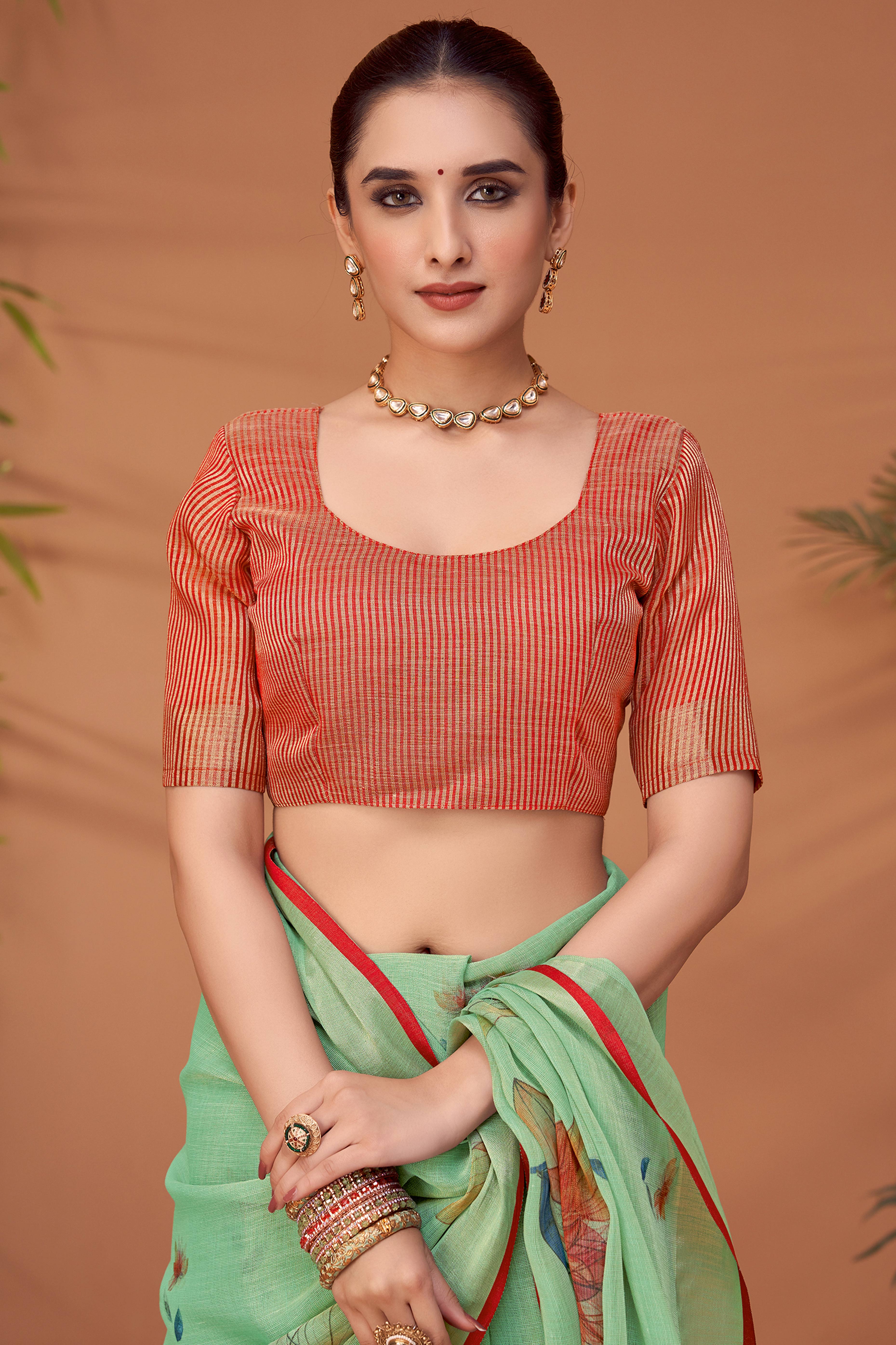 Pista Green Woven Floral Printed Linen Blend Saree with Soft Elegant Texture