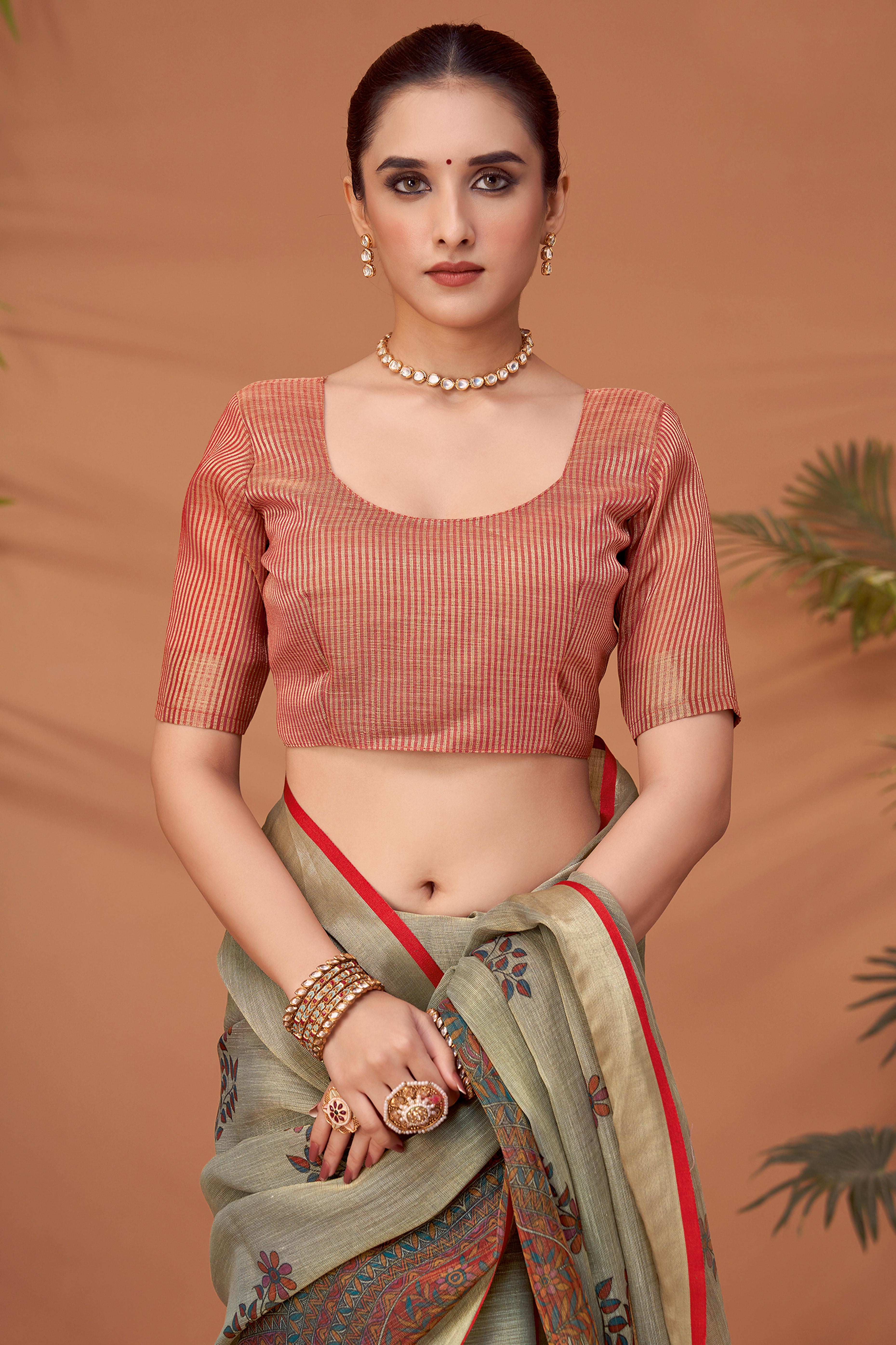 Sage Green Woven Floral Printed Linen Blend Saree with Soft Elegant Texture