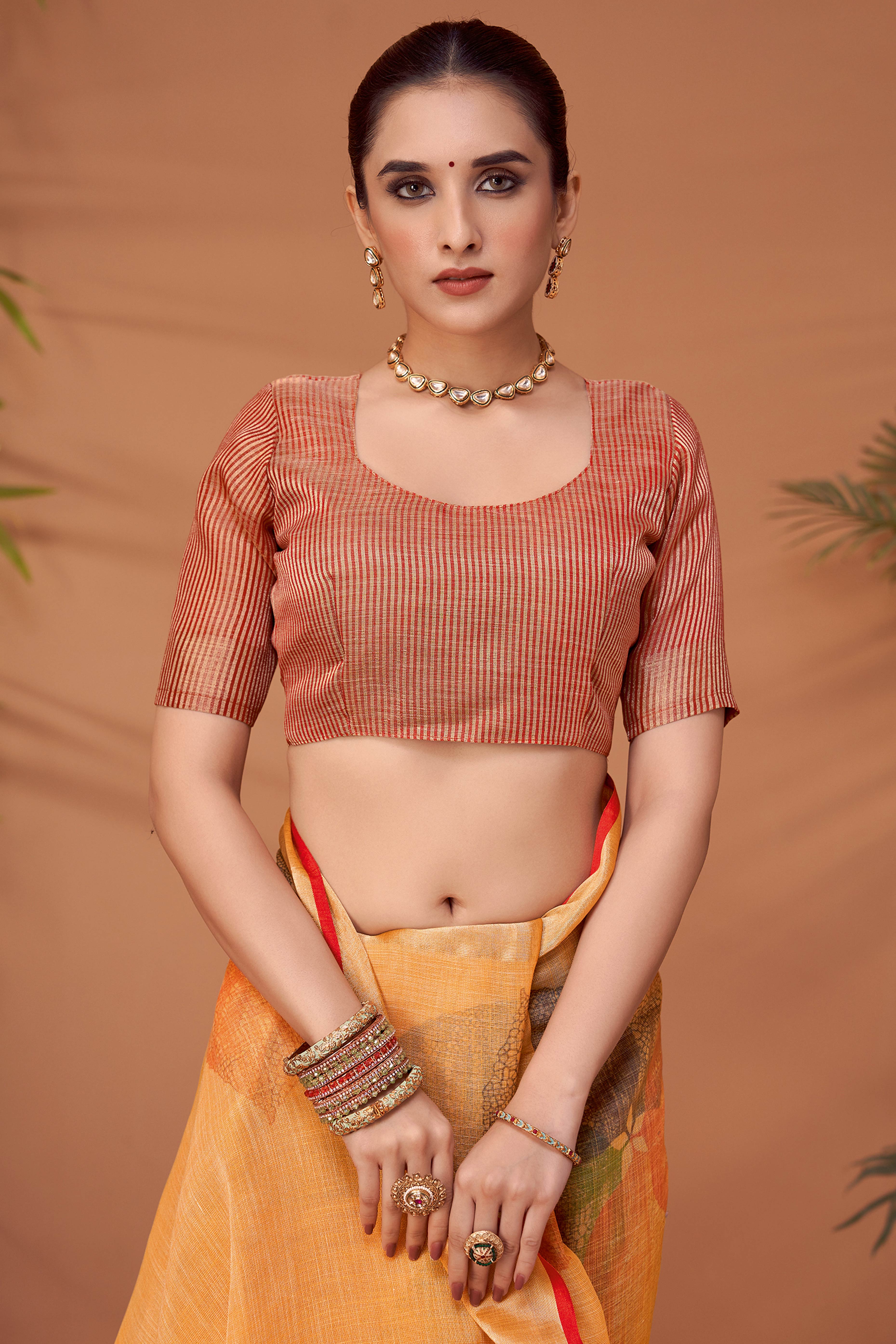 Orange Woven Floral Printed Linen Blend Saree with Soft Elegant Texture