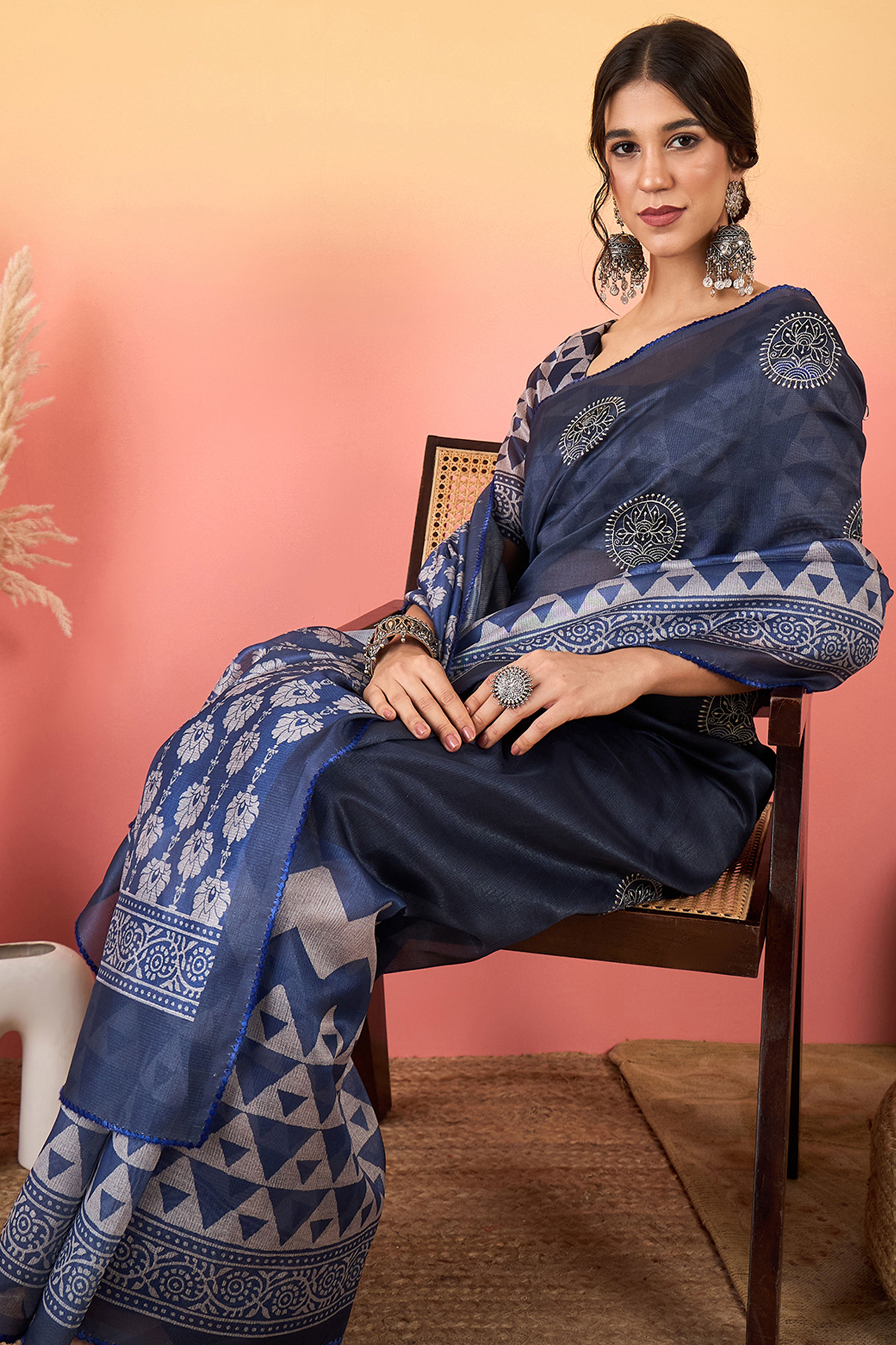 Navy Blue Floral Embroidered Saree Made from Premium Lightweight Silk Blend Material