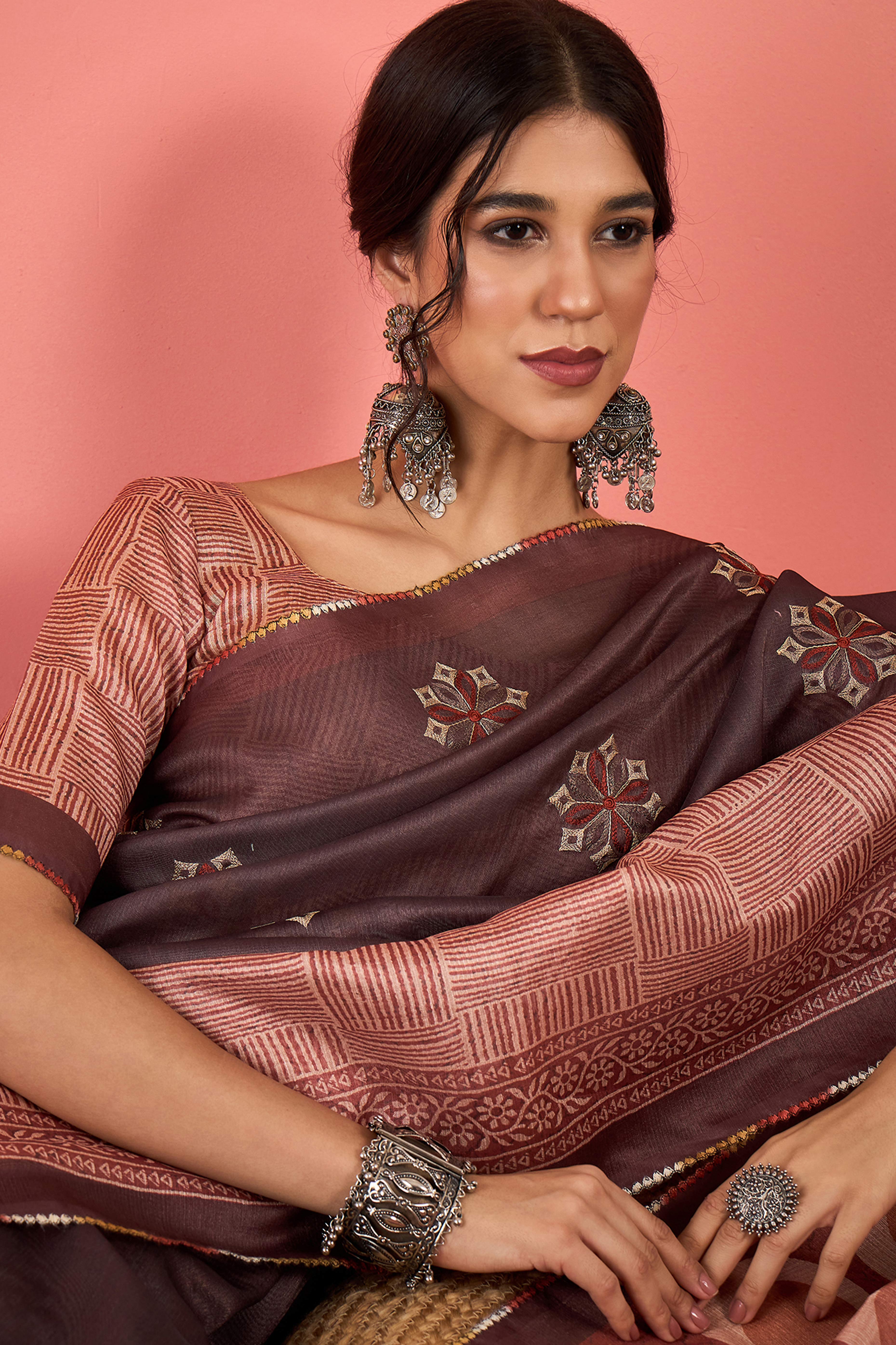 Light Coffee Brown Floral Embroidered Saree Made from Premium Lightweight Silk Blend Material