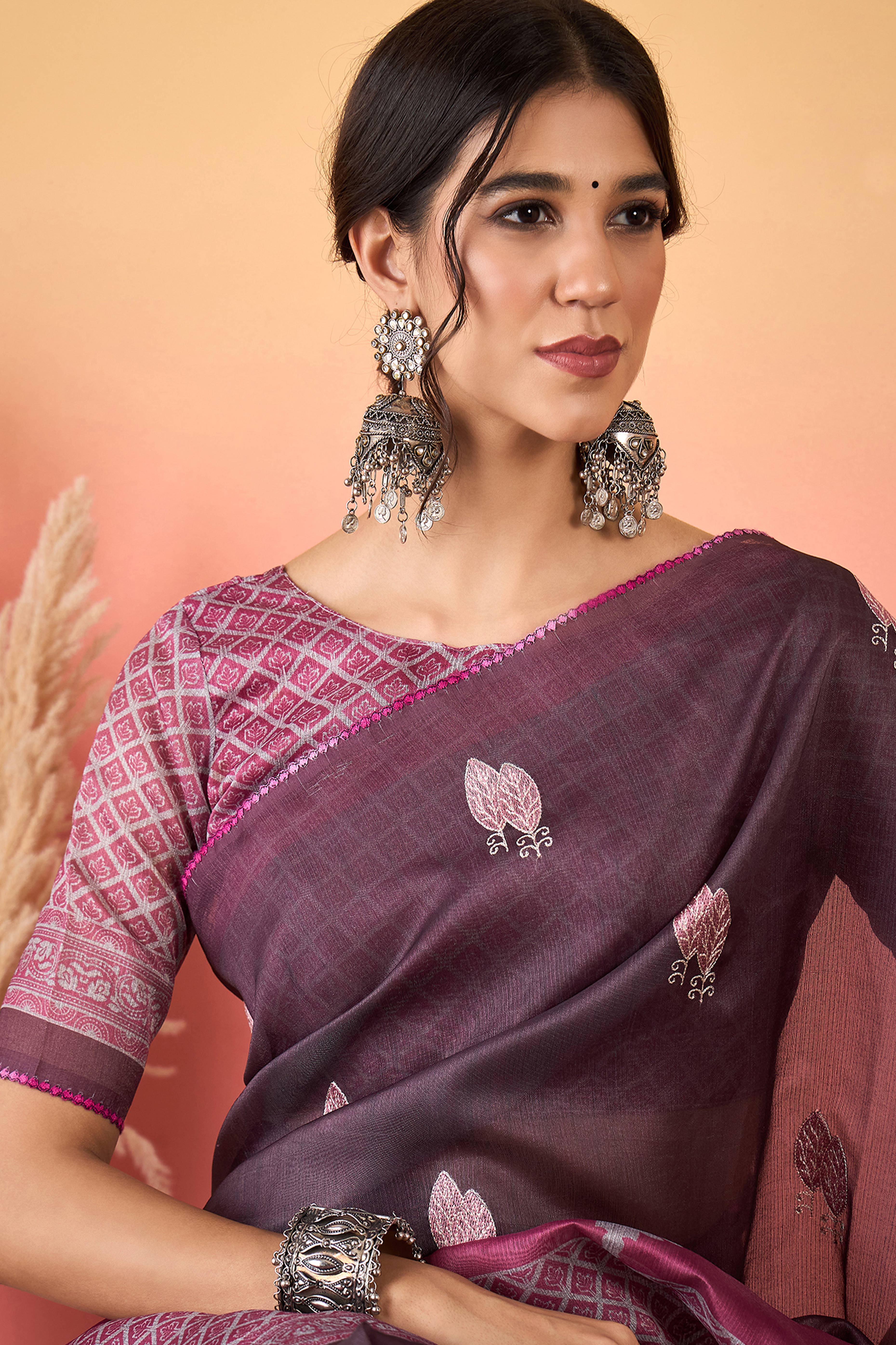 Wine Floral Embroidered Saree Made from Premium Lightweight Silk Blend Material