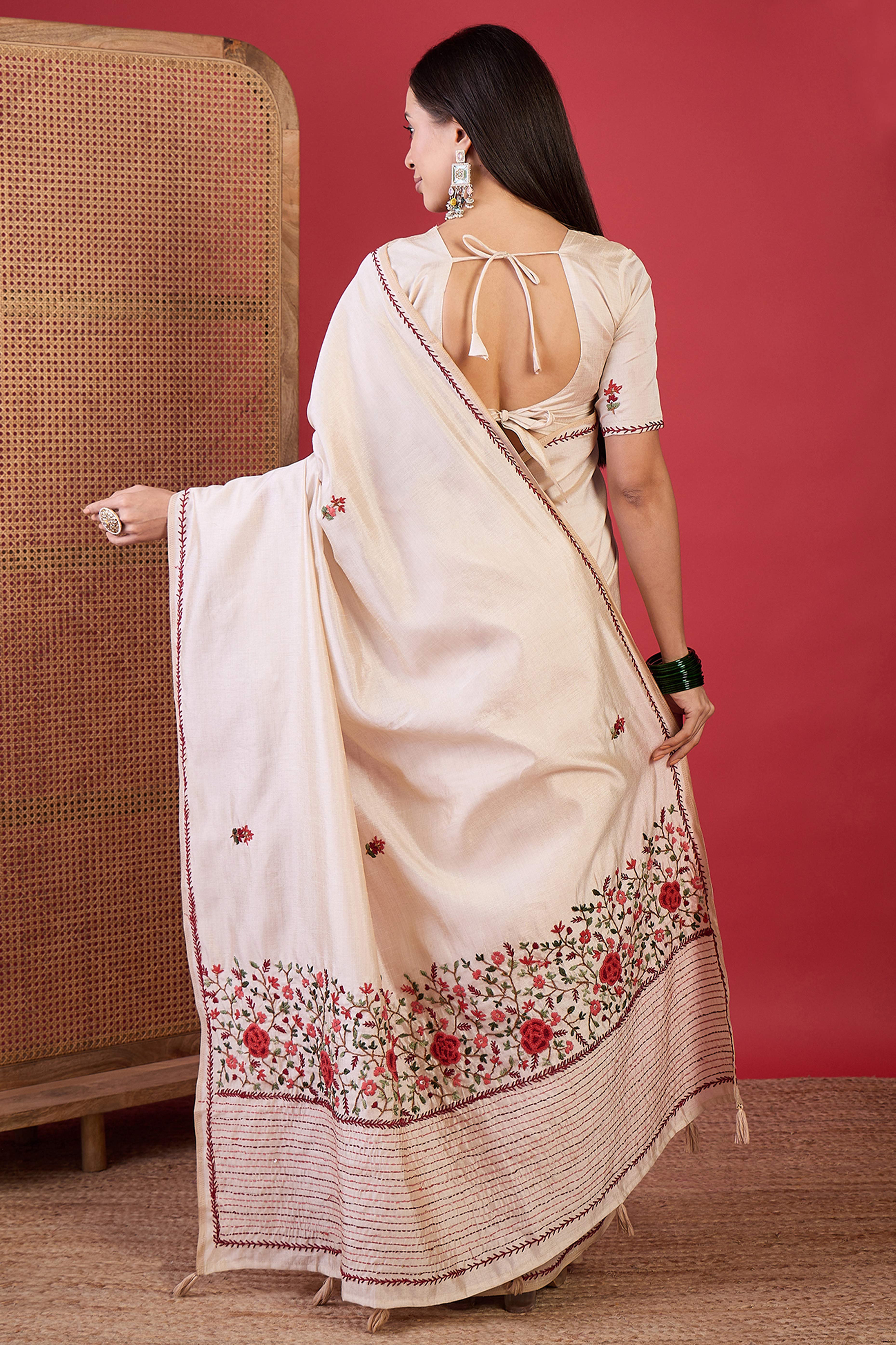 Cream Tussar Silk Saree with Fine Thread Work Embroidery for Festive Wear