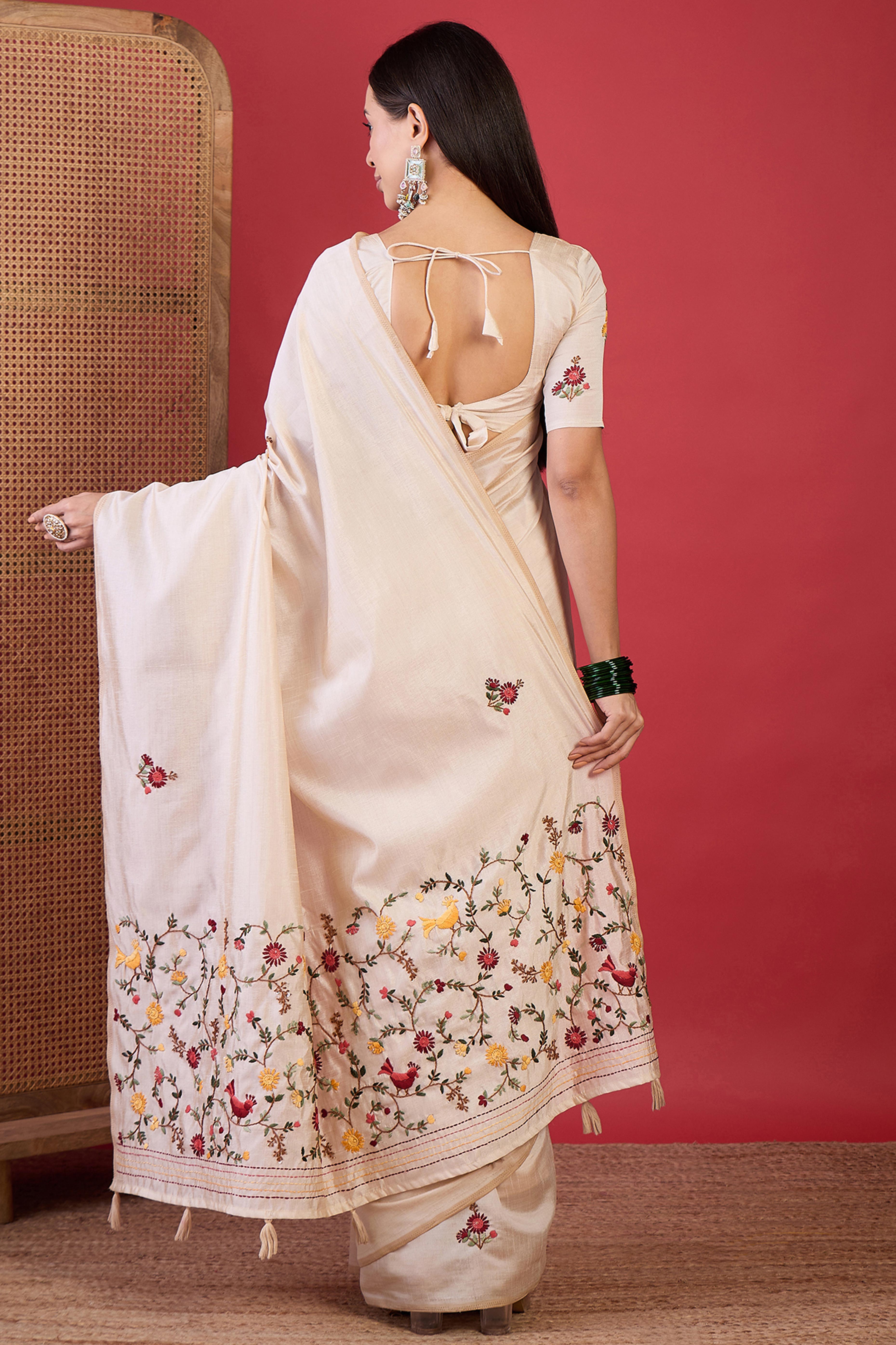 Cream Thread Embroidered Tussar Silk Saree for Traditional Occasions