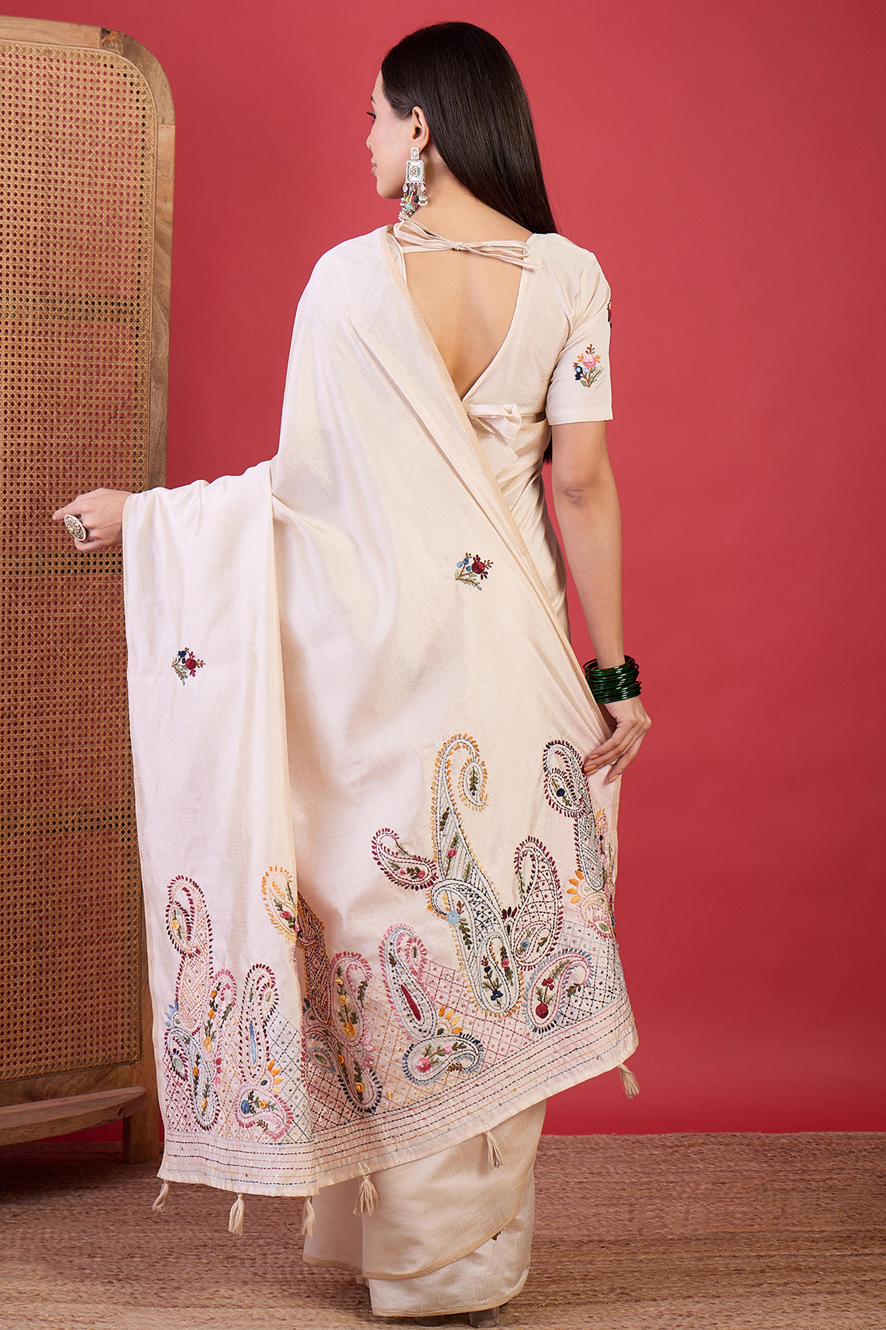 Cream Thread Work Embroidered Tussar Silk Saree for Elegant Festive Wear