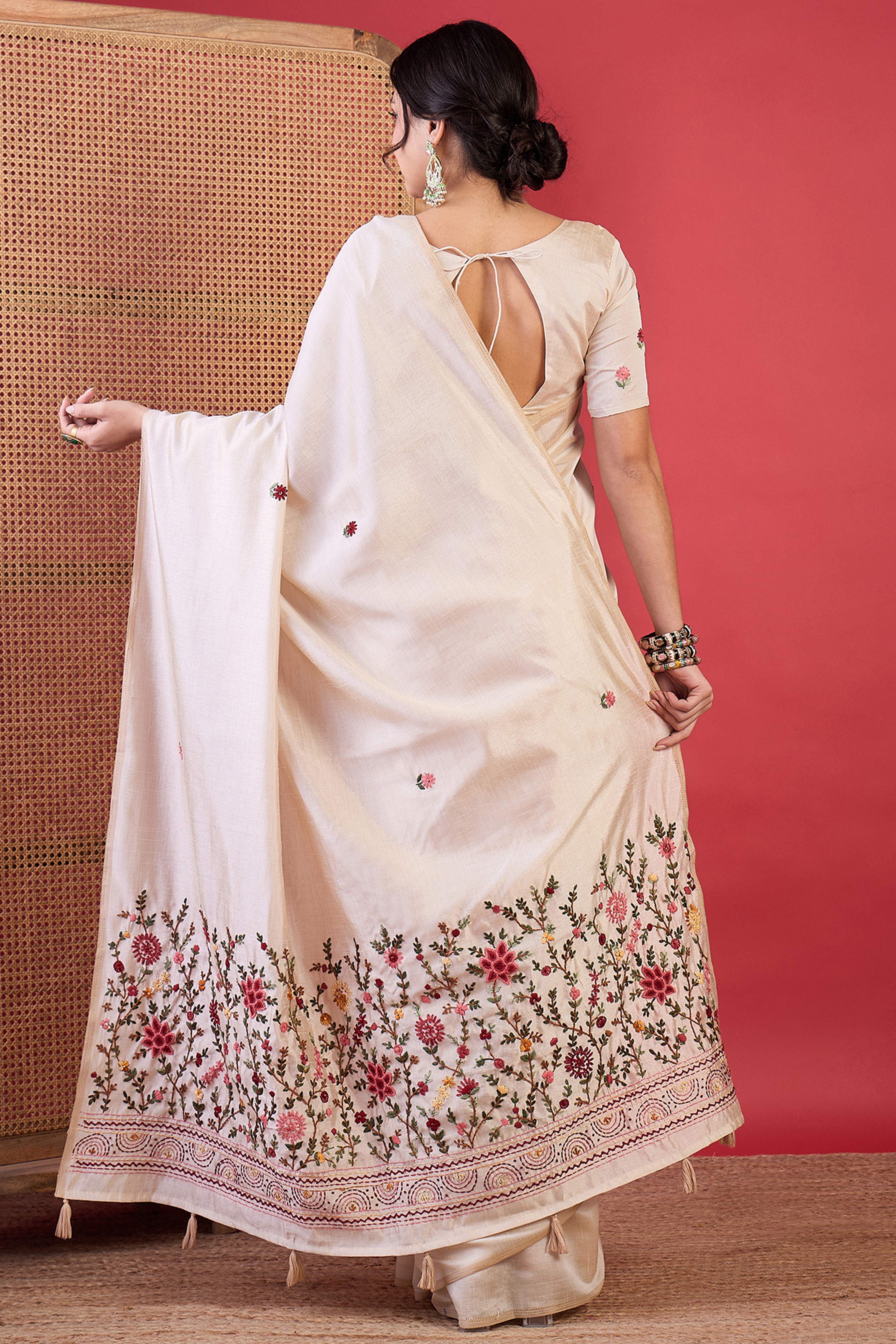 Cream Thread Work Embroidered Tussar Silk Saree with Rich Style