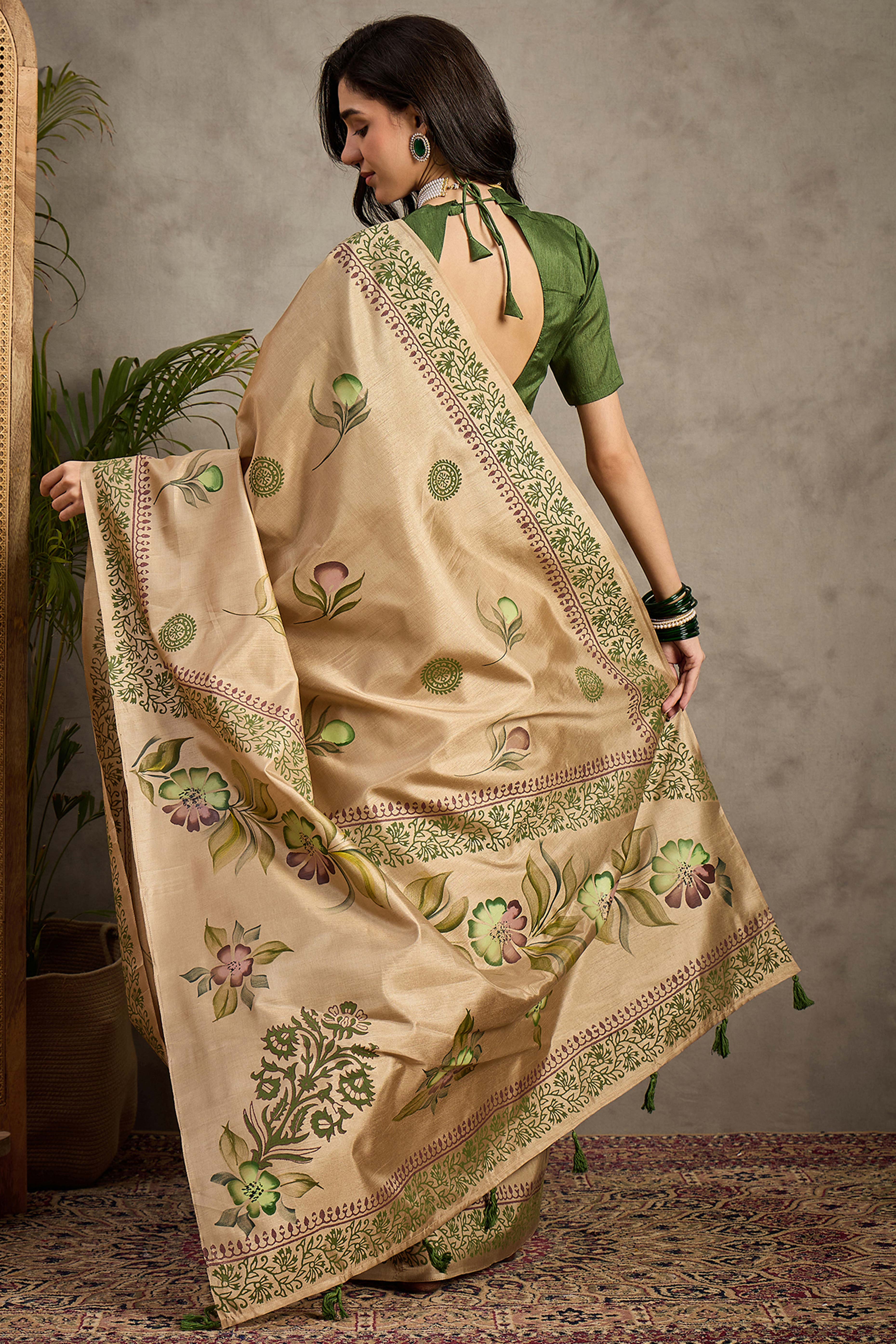 Beige Blossom Printed Kozi Cotton Silk Saree Adorned With Stylish Tassel Detailing Pallu