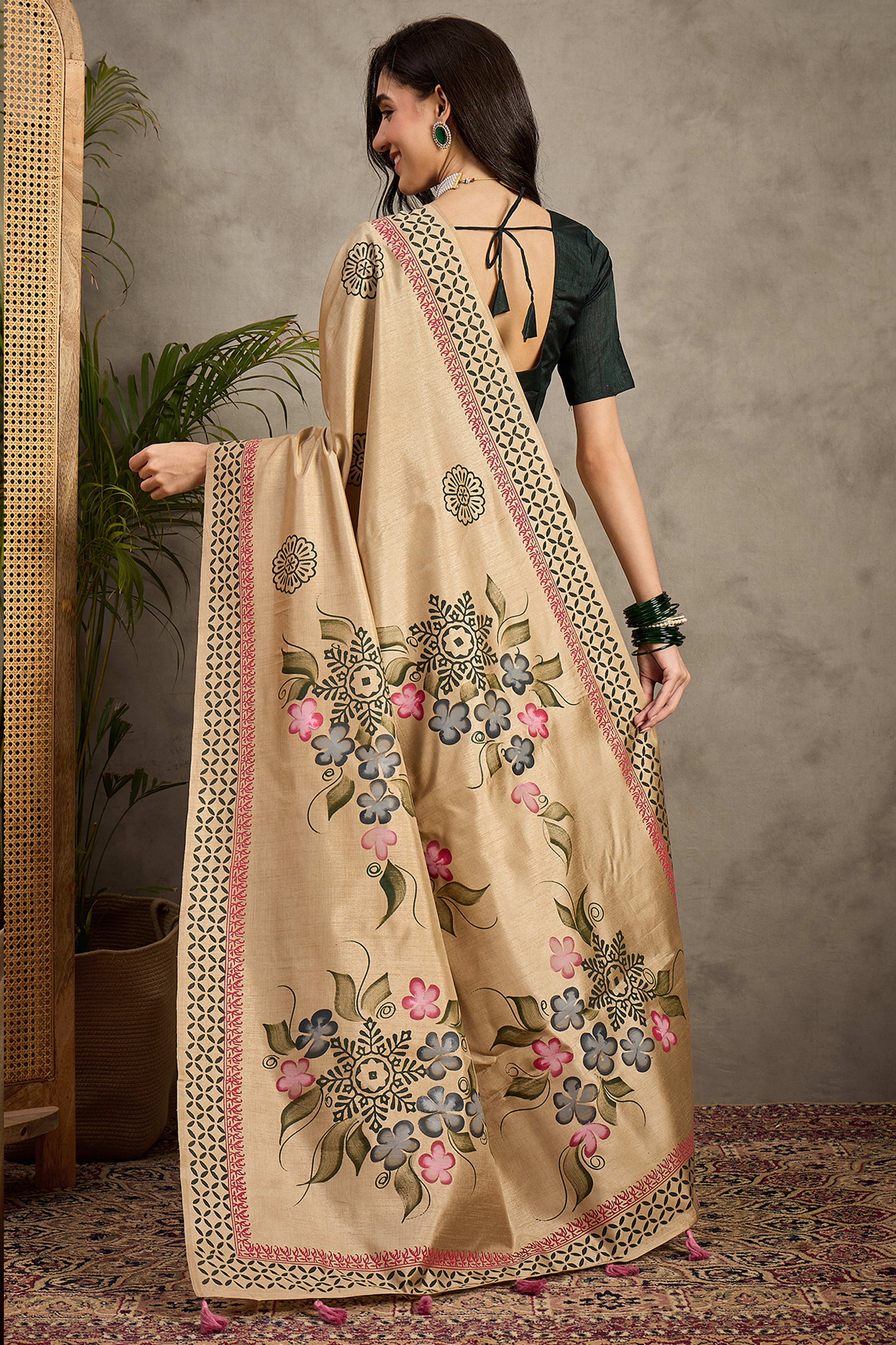 Charming Beige Floral Printed Kozi Cotton Silk Saree With Contemporary Tassel Pallu