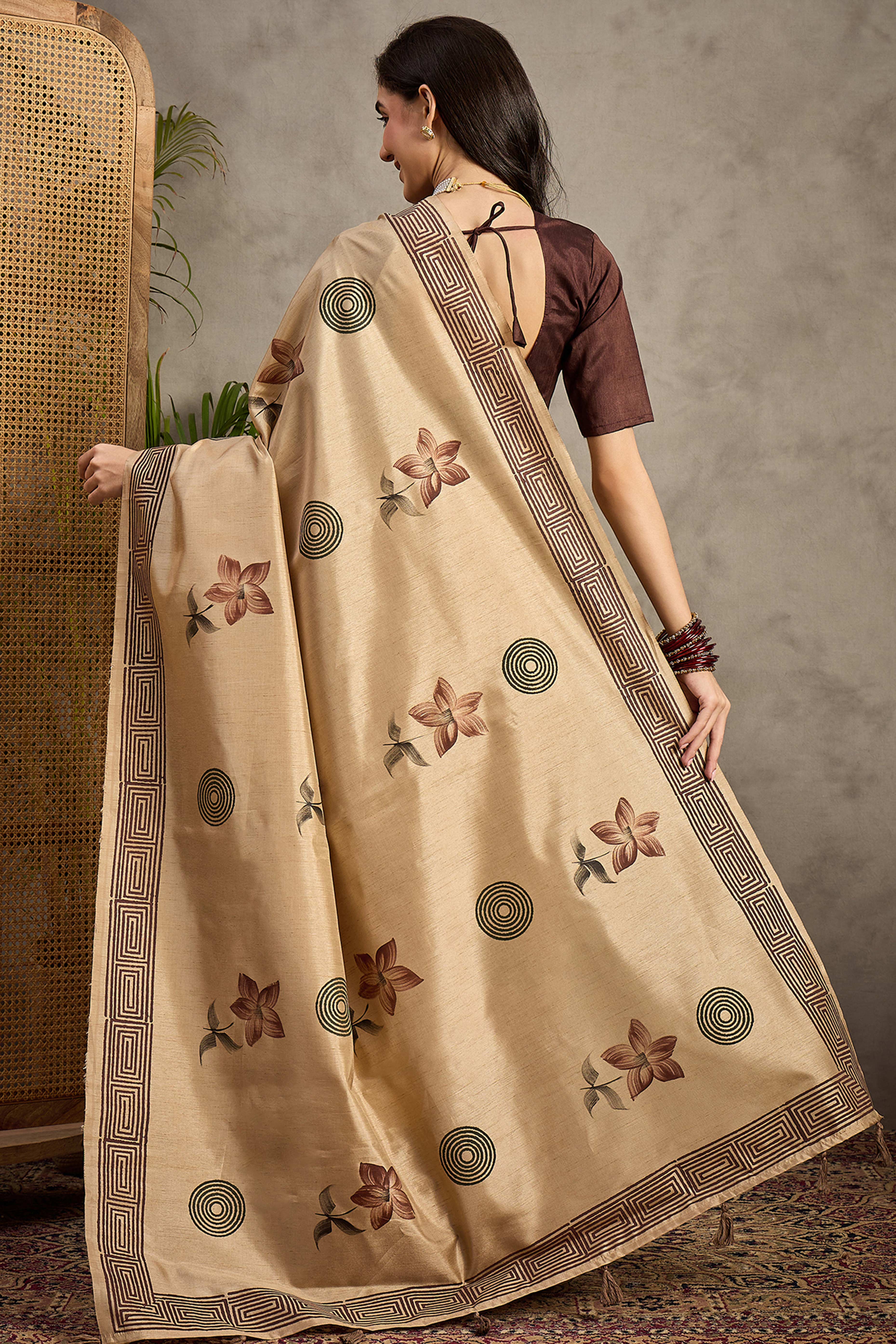 Refined Beige Floral Print Kozi Cotton Silk Saree Highlighted With Tassel Pallu