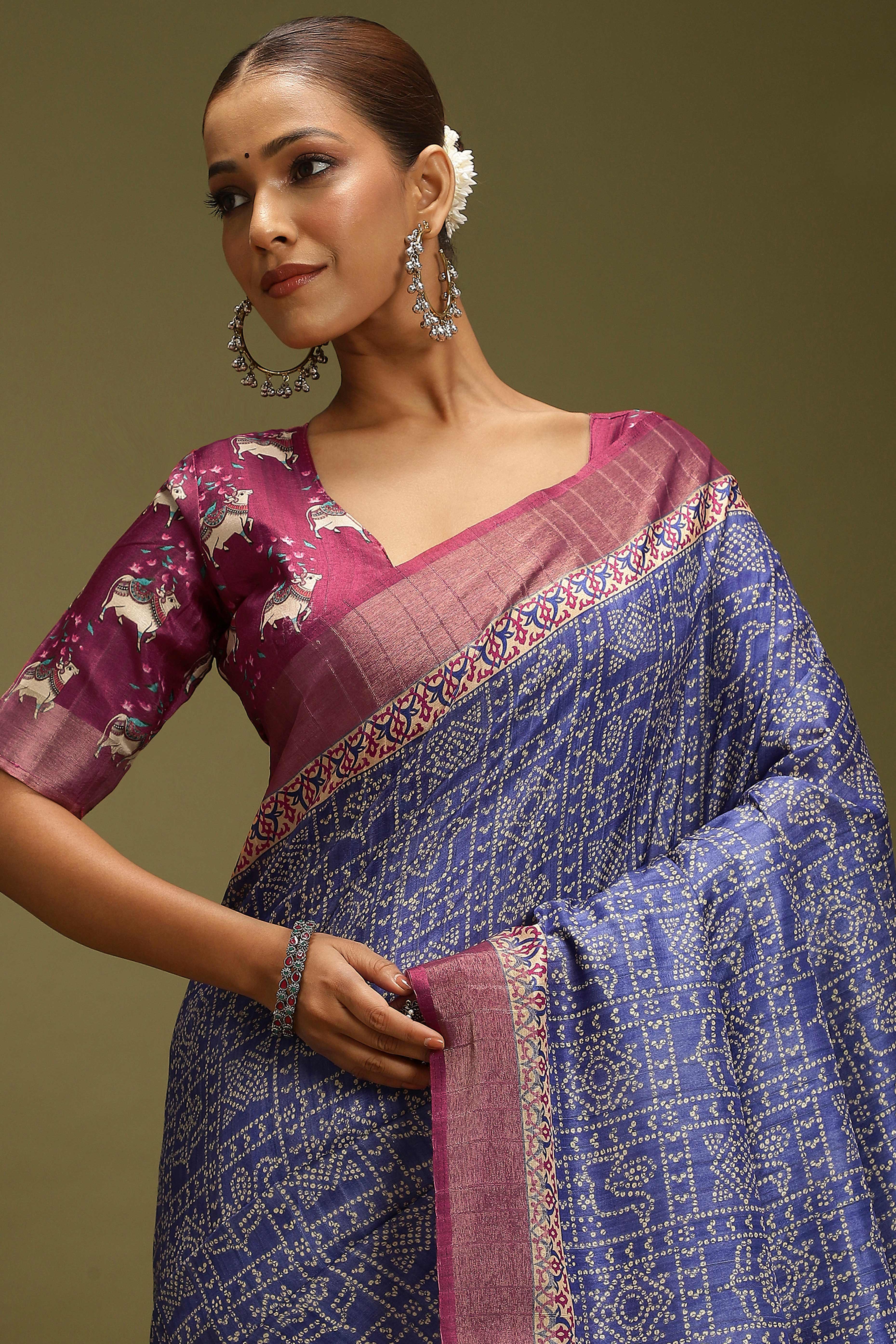 Blue Silk Blend Saree Decorated with Vibrant Bandhani Prints and Festive Detailing