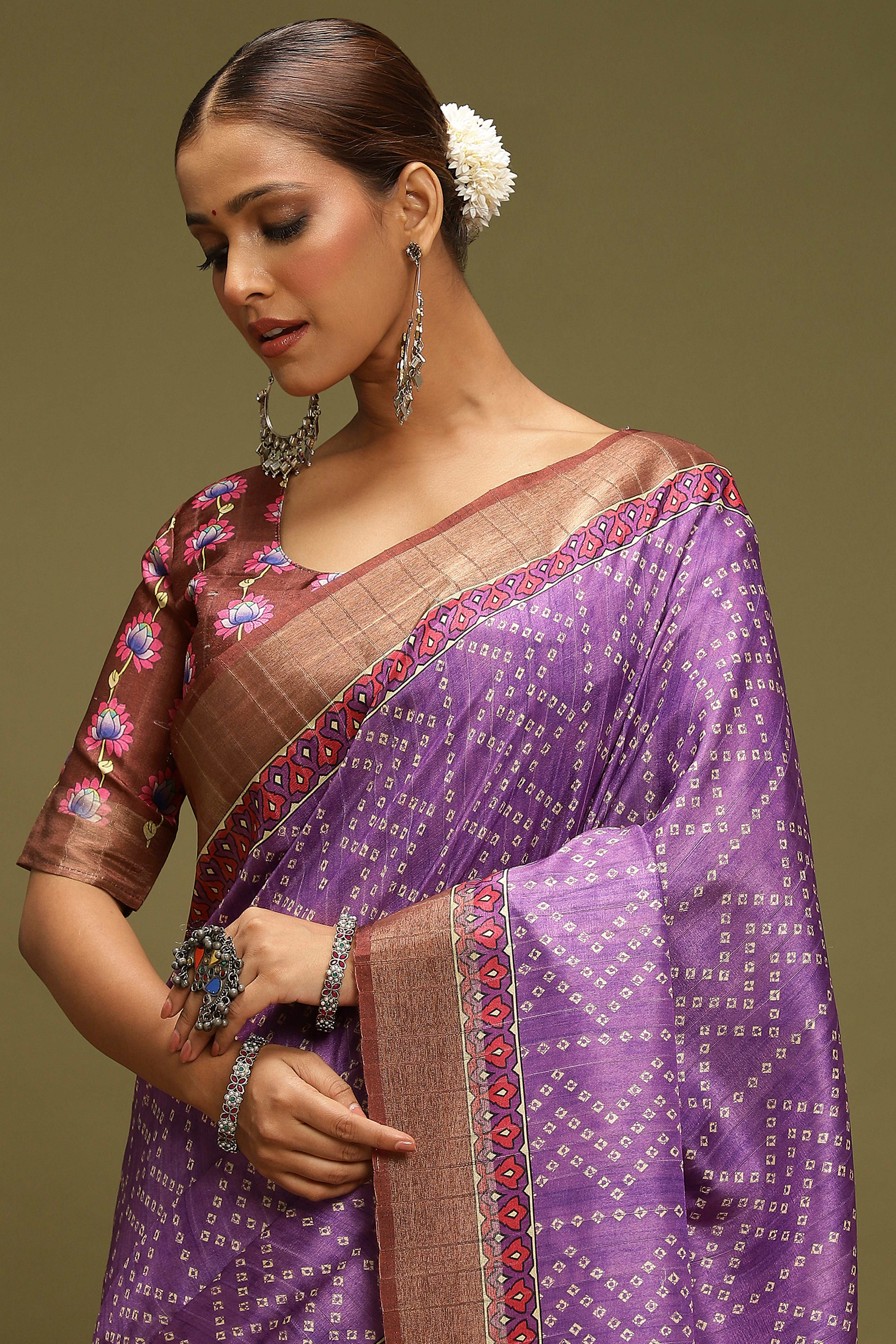 Purple Silk Blend Saree Decorated with Vibrant Bandhani Prints and Festive Detailing
