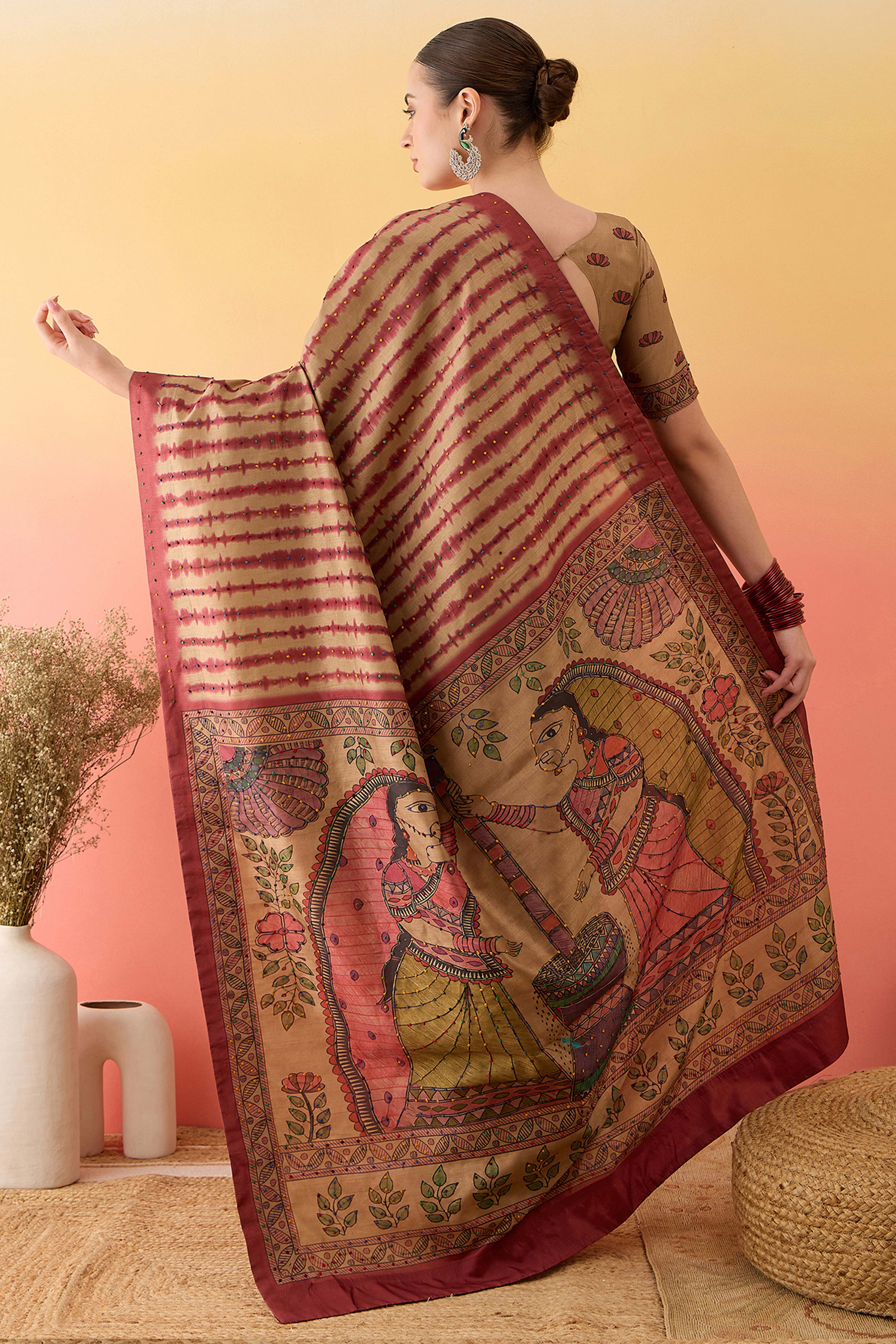 Beige Kalamkari Style Cotton Silk Saree Flowy Drape Knot Tassels Festive Wear