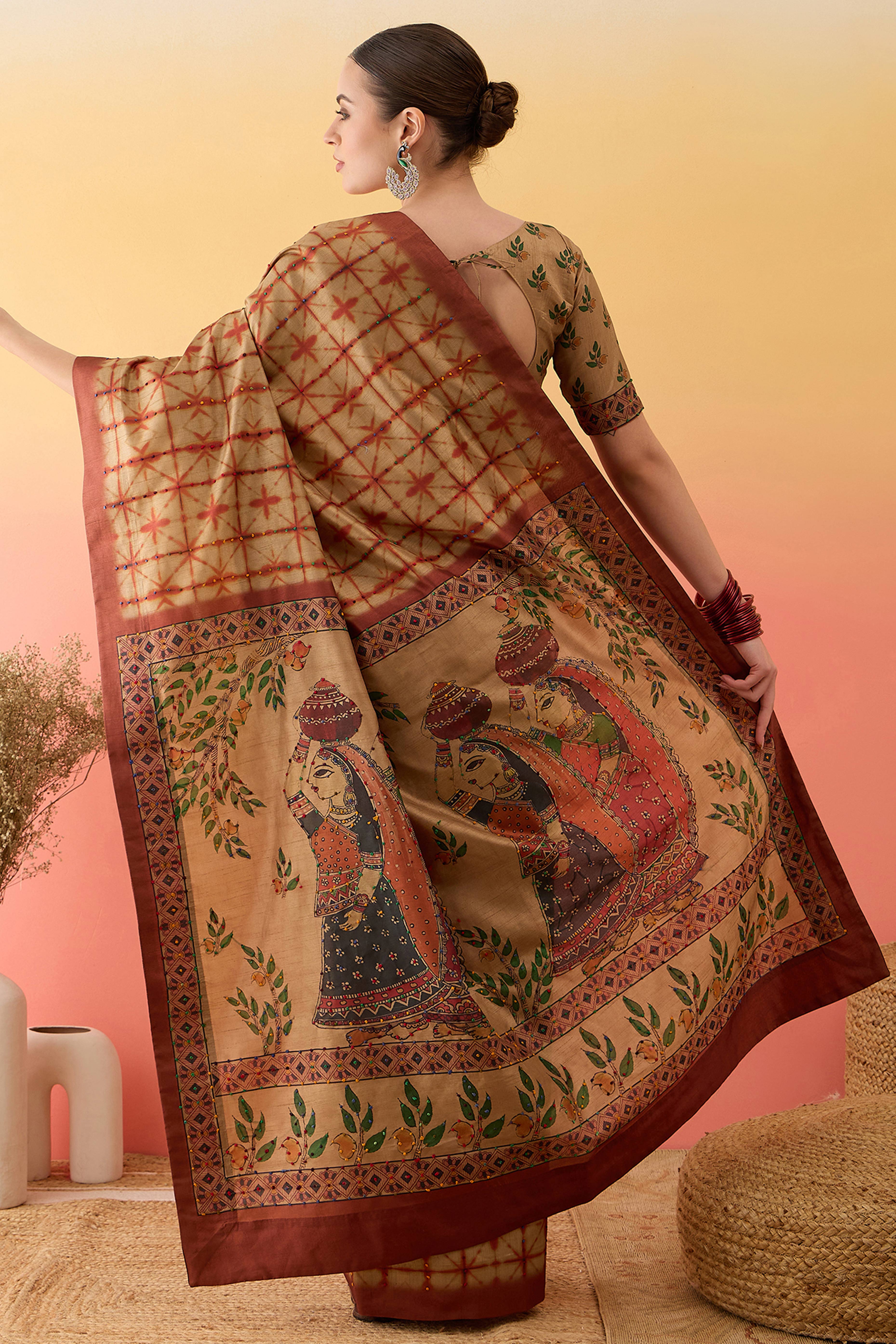 Beige Printed Kalamkari Cotton Silk Saree Flowy Drape Knot Detailing Traditional Grace