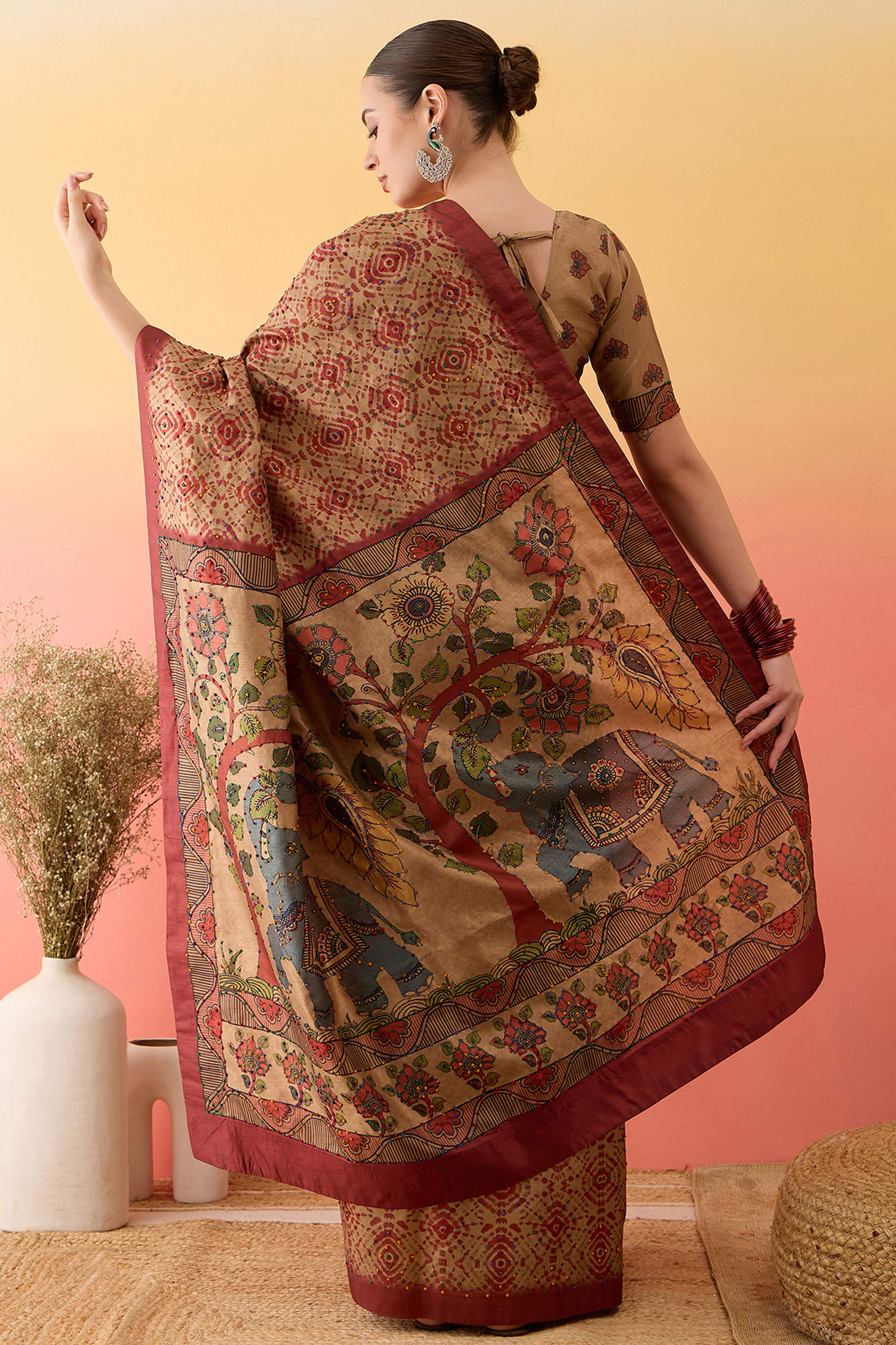 Beige Kalamkari Style Cotton Silk Saree Handcrafted Knot Work Border Ethnic Sophistication