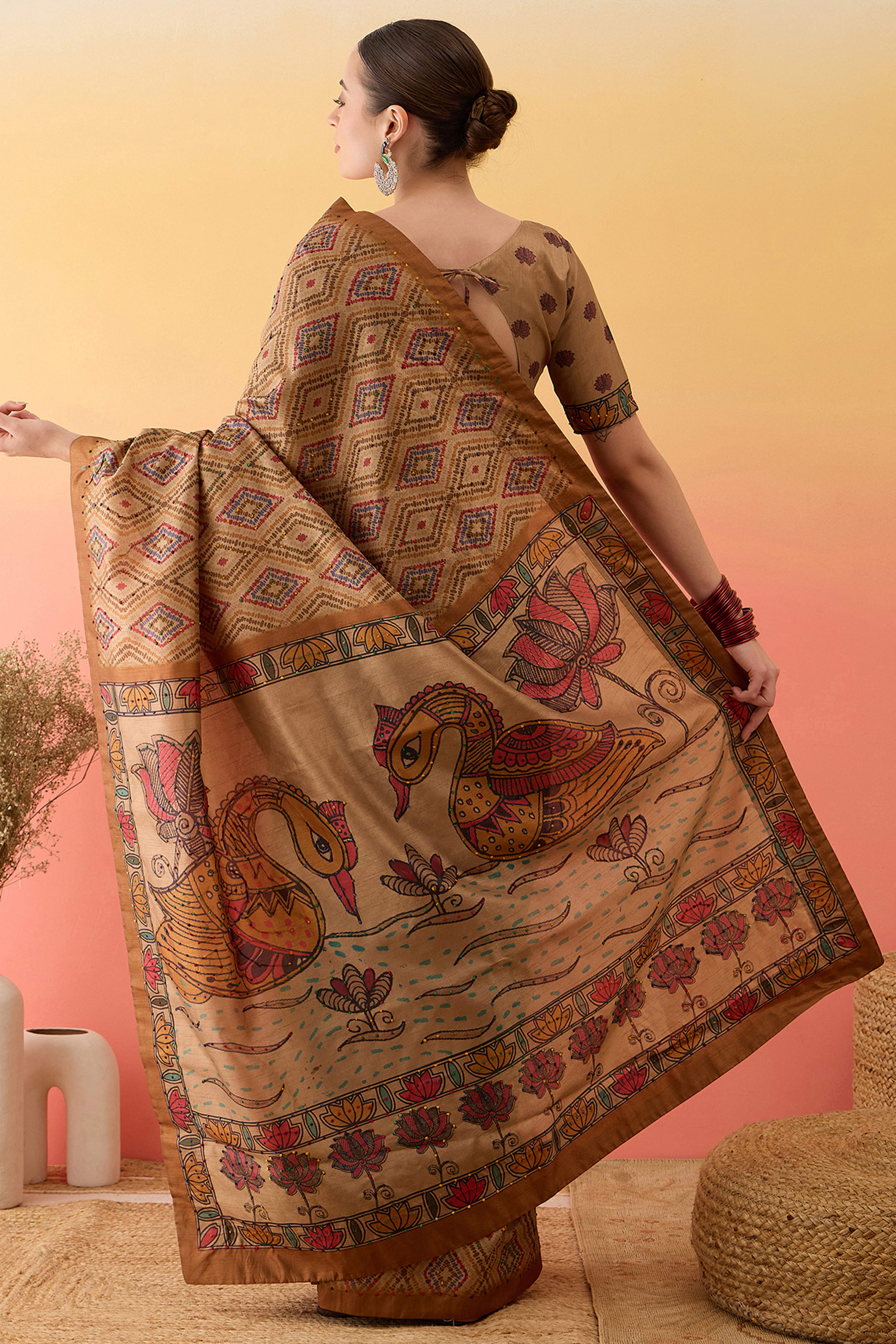 Beige Kalamkari Inspired Printed Cotton Silk Saree Intricate Knot Work Ethnic Artistry