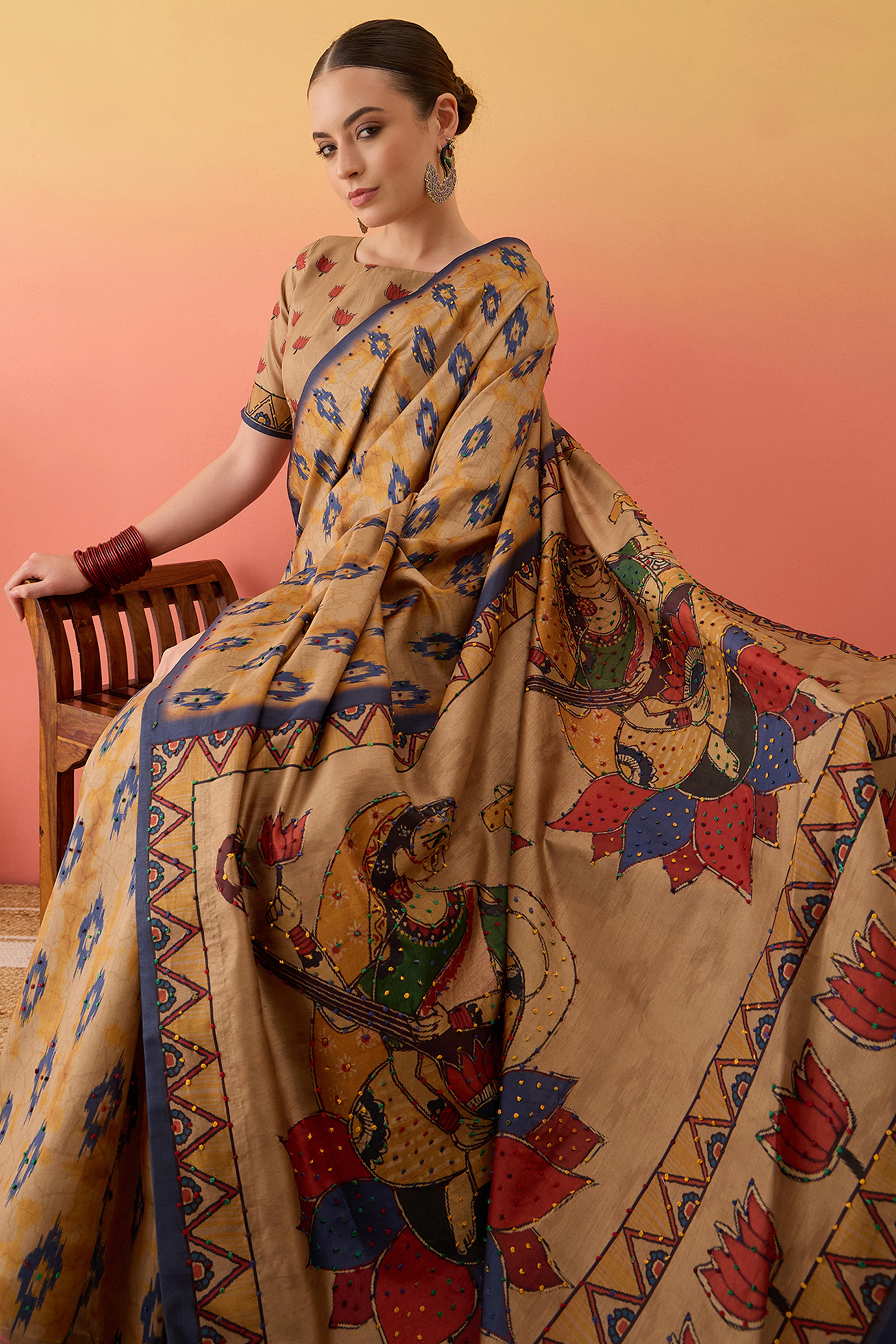 Beige Printed Kalamkari Cotton Silk Saree Exquisite Knot Work Detailing Ethnic Charm