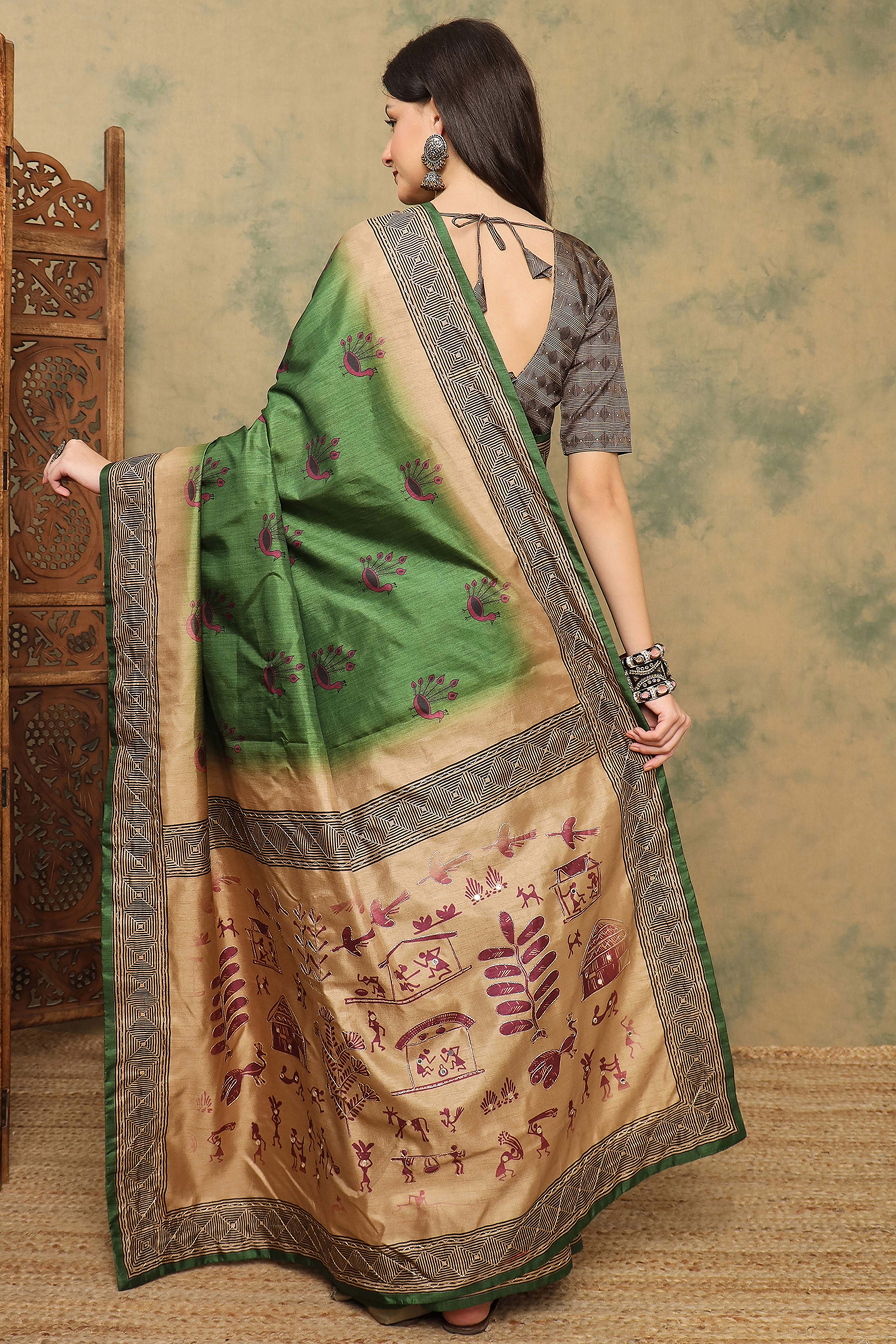 Green Warli Folk Art Printed Cotton Silk Saree Flowy Drape Festive Wear