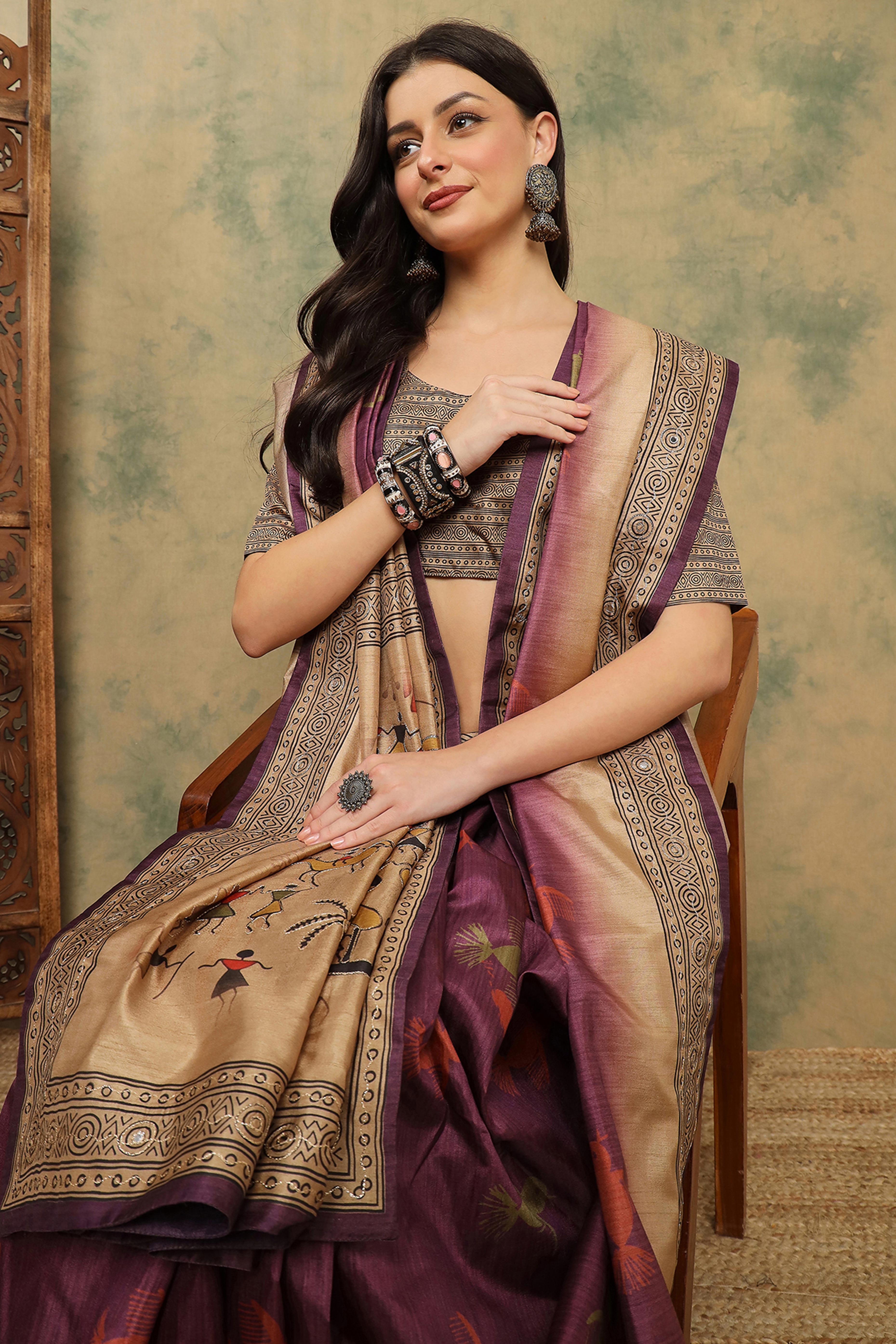 Wine Warli Folk Art Printed Cotton Silk Saree Flowy Drape Festive Wear