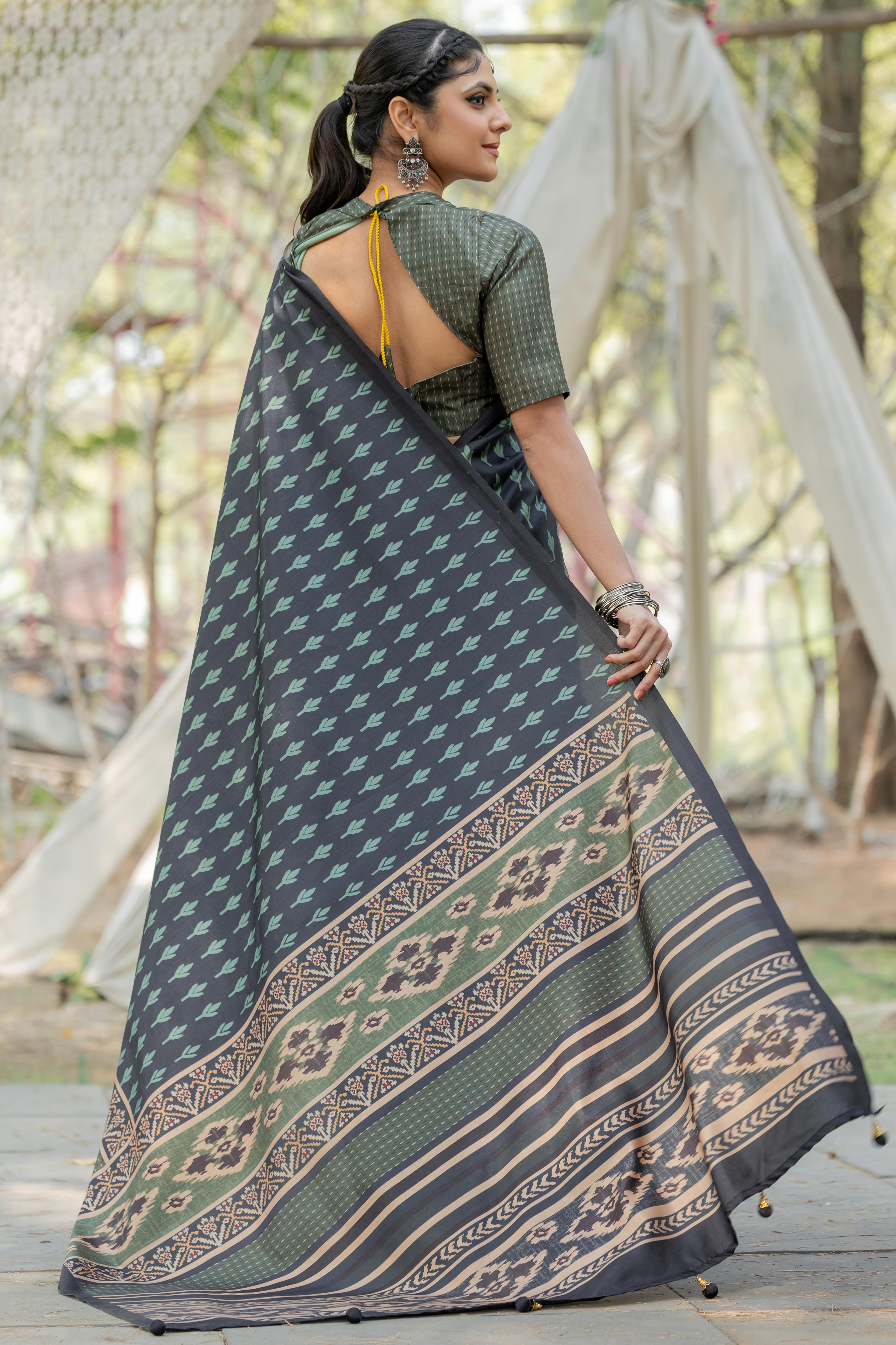 Navy Blue Kozi Cotton Silk Saree Showcasing Digital Prints and Soft Tassel Edging