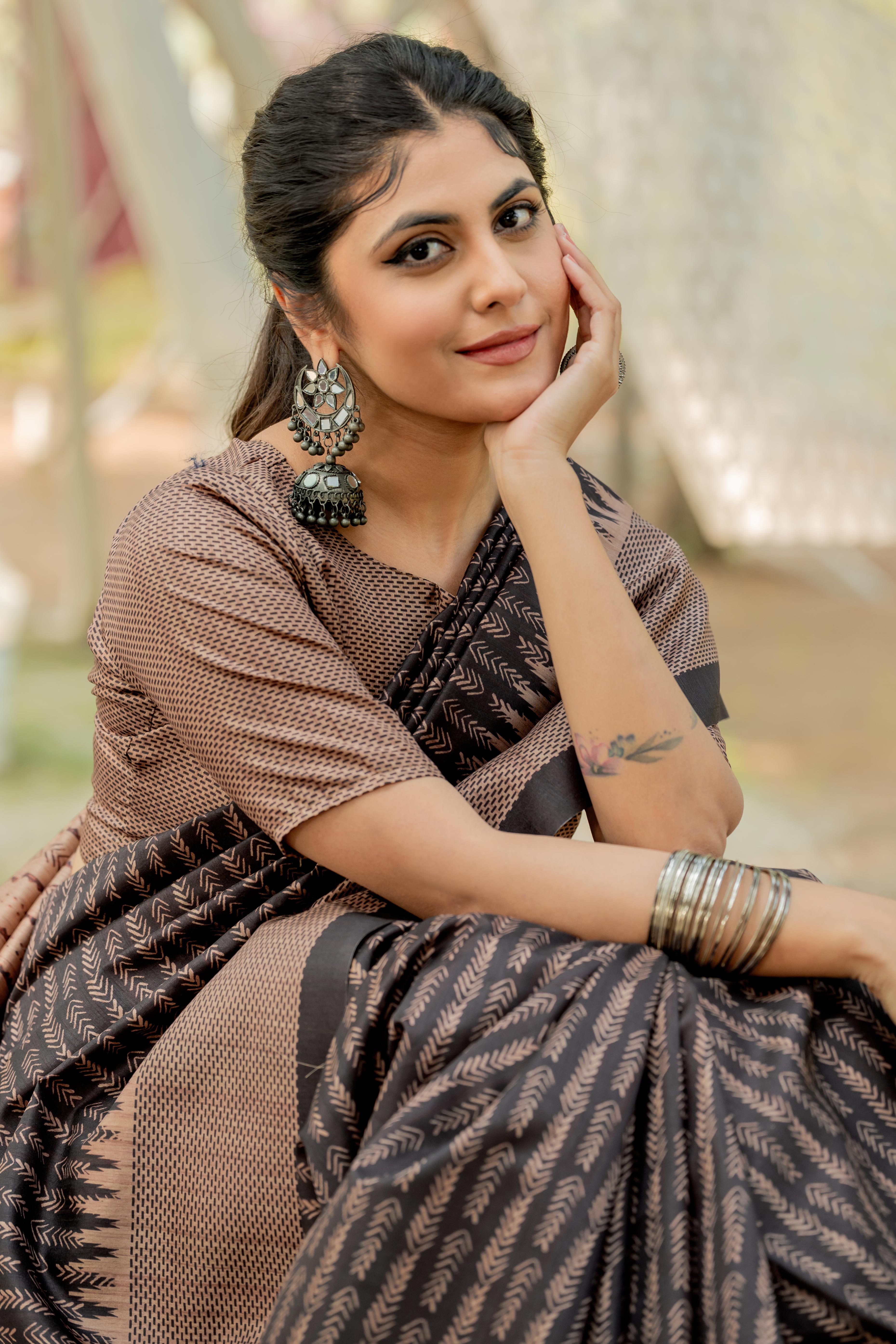 Black Kozi Cotton Silk Saree Indicating Digital Prints and Soft Tassel Edging