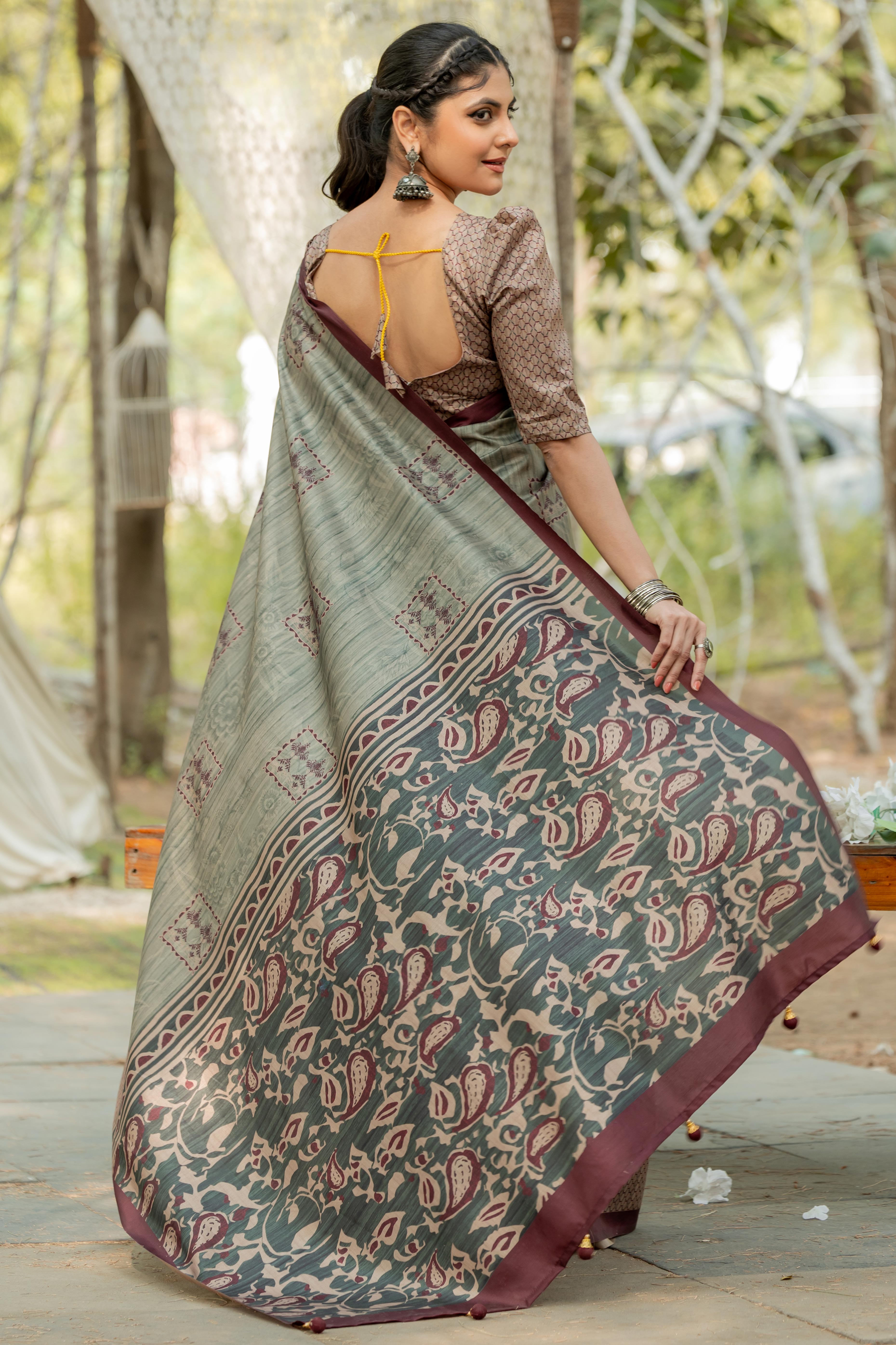 Sage Green Kozi Cotton Silk Saree Showcasing Digital Prints and Soft Tassel Edging