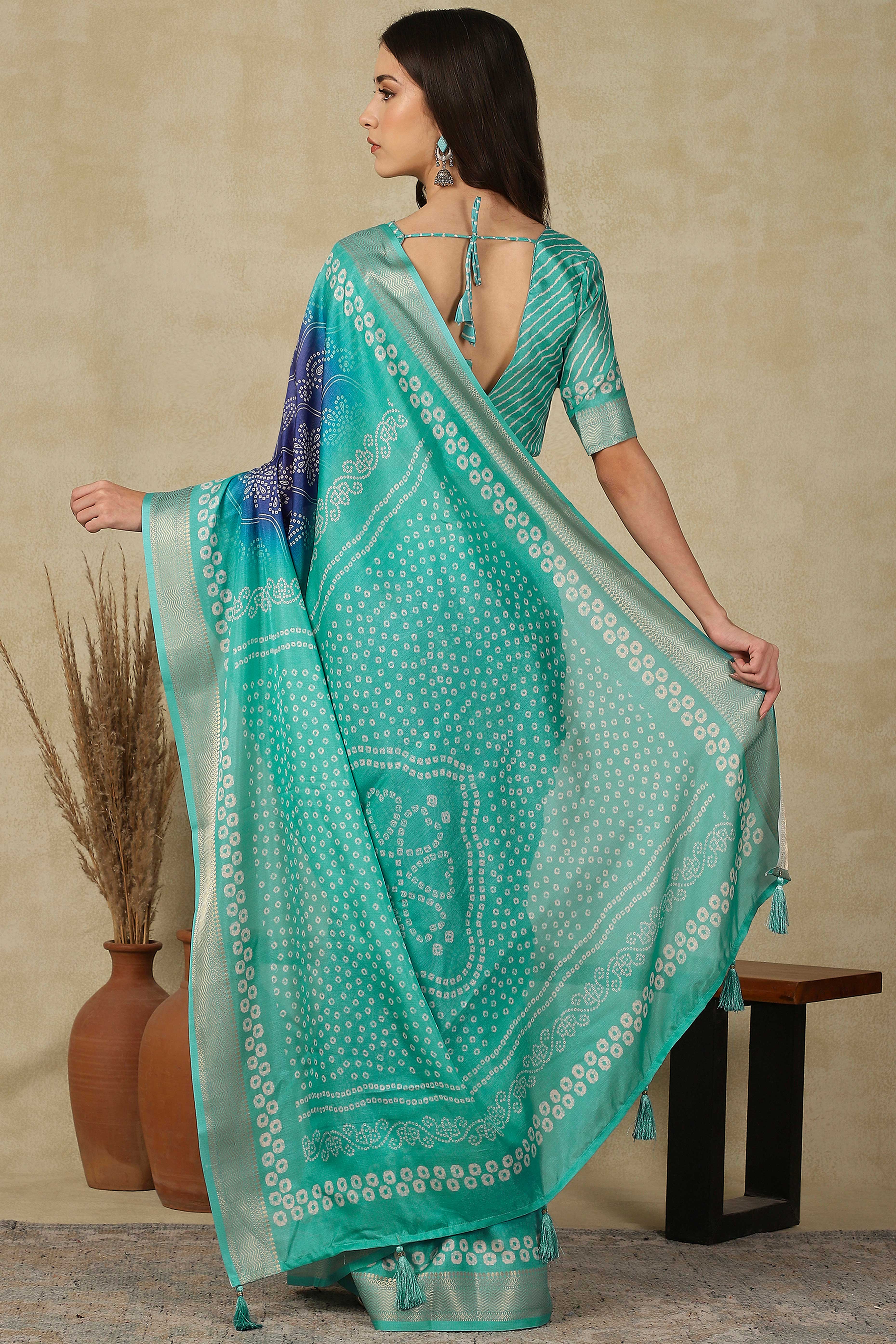 Luxury Blue & Turquoise Bandhani Print Cotton Silk Saree Featuring Weaving Border & Tassel Pallu