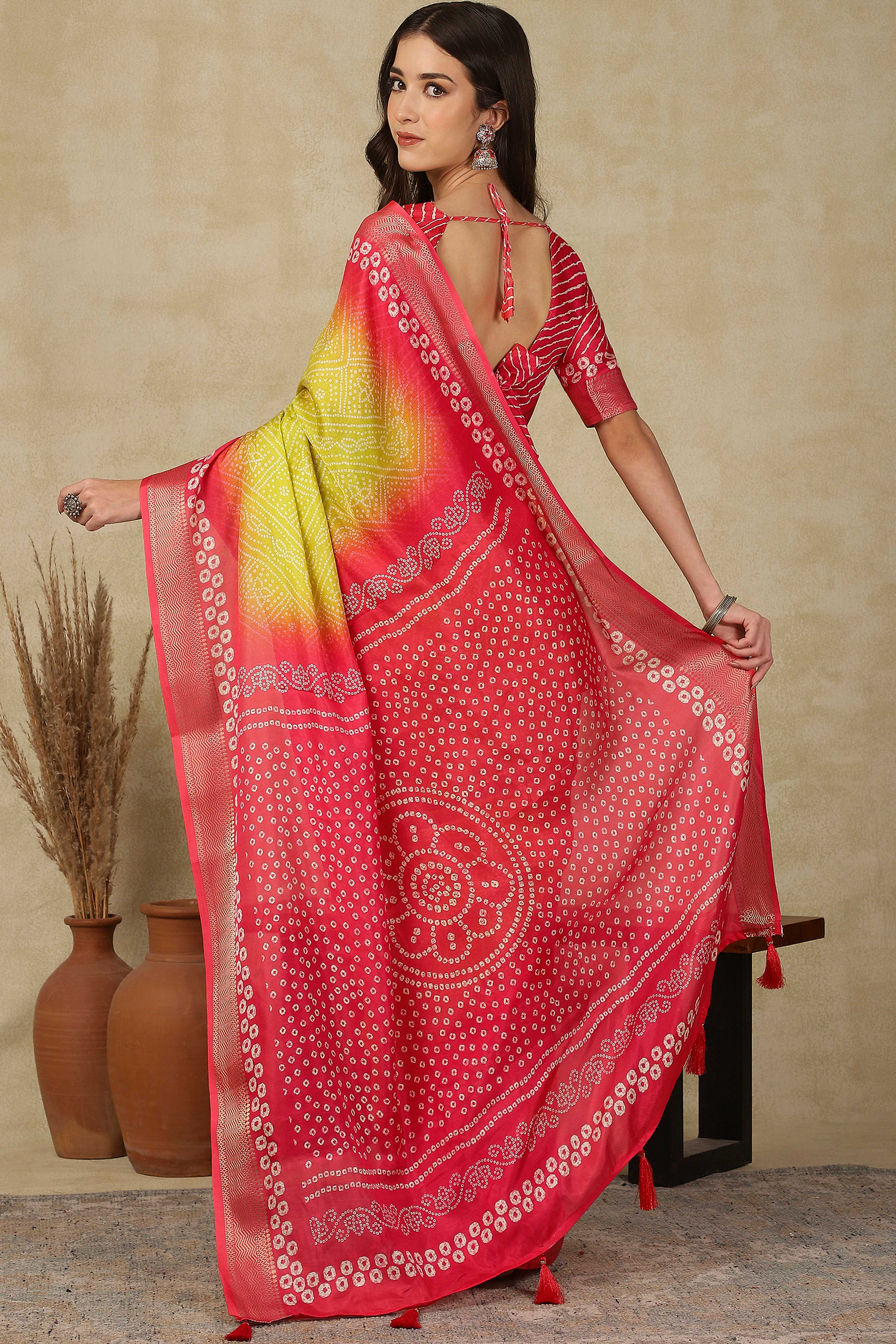 Luxury Lemon Yellow & Red Bandhani Print Cotton Silk Saree Featuring Weaving Border & Tassel Pallu