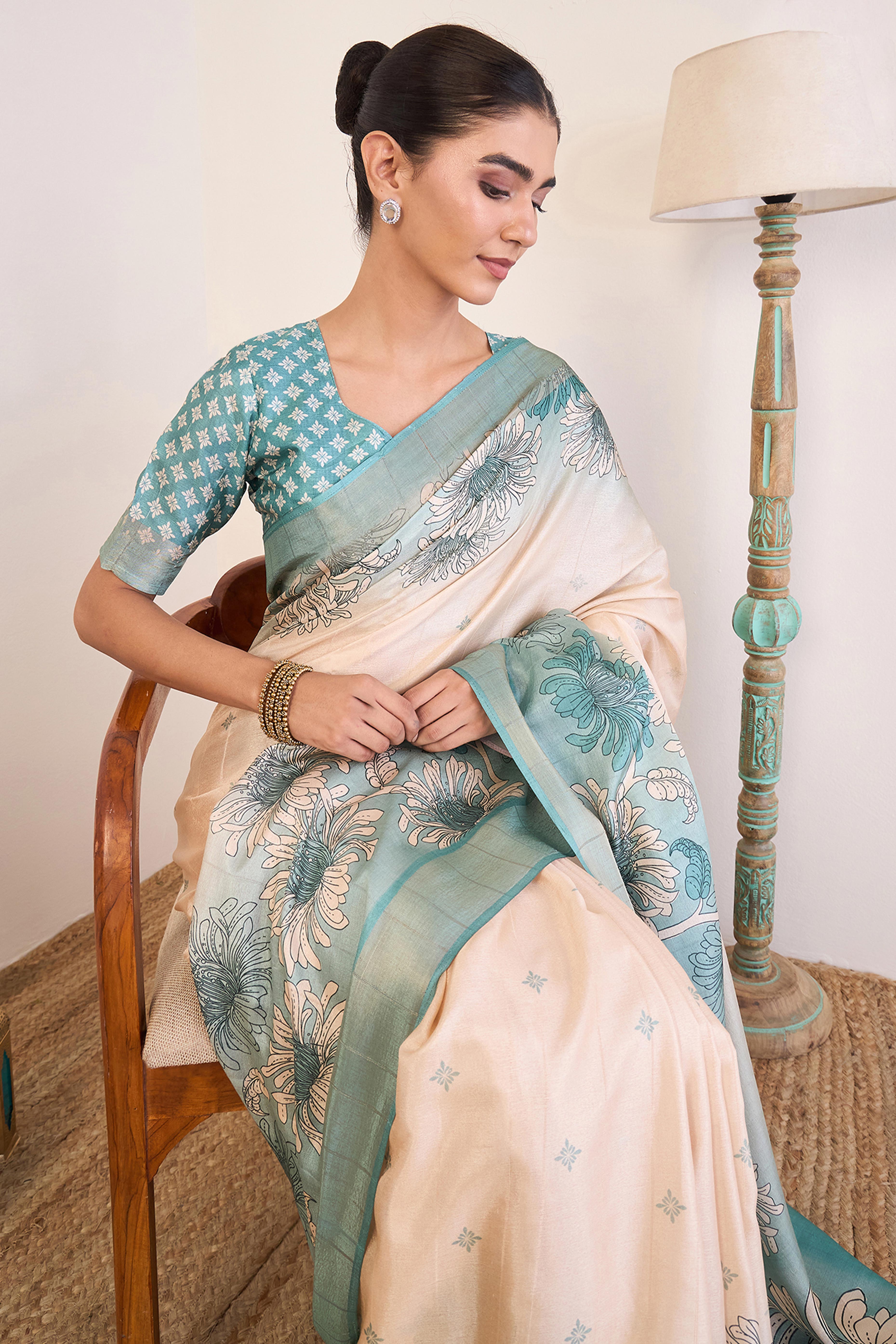 Elegant Light Blue Floral Printed Kotha Cotton Silk Saree Reflecting Subtle Sophistication