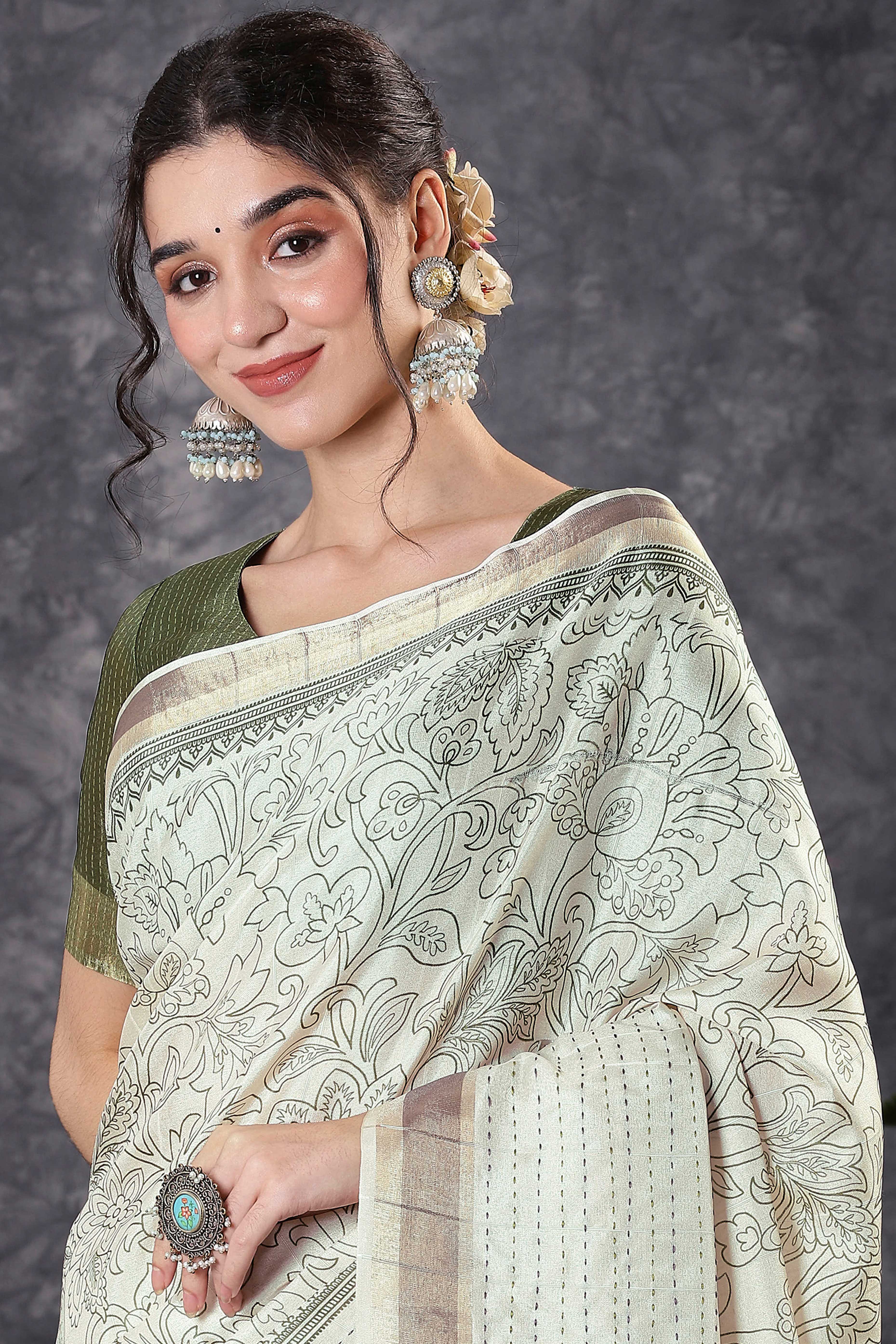 Offwhite & Mehendi Floral Printed Kotha Cotton Silk Saree With Beautifully Crafted Katha Embroidery